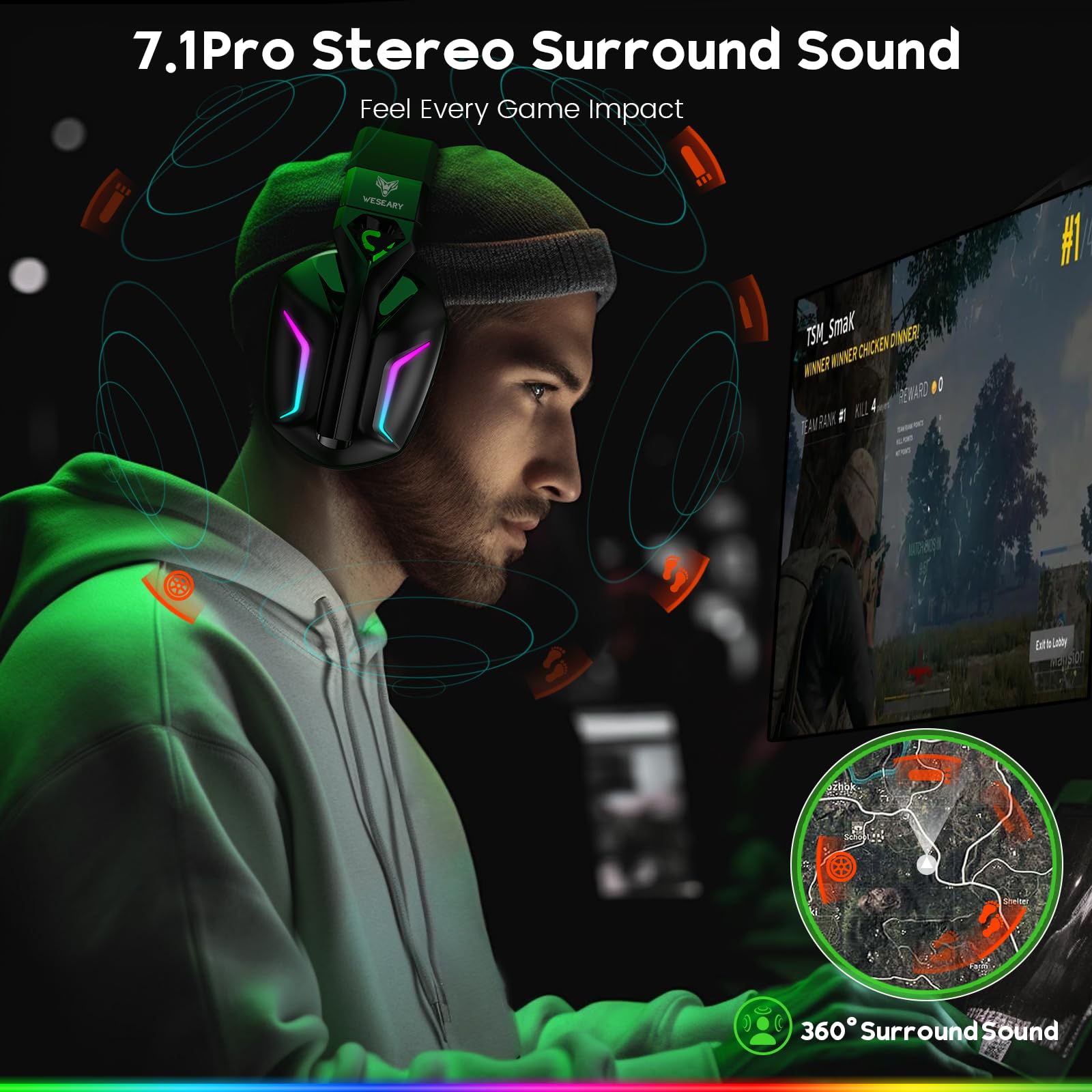 WESEARY 7.1 Wireless Gaming Headset with Microphone - Compatible with PS4, PS5, PC, Nintendo Switch & Mac | 2.4GHz Bluetooth Headphones, Crystal Clear Mic, 50H Battery Life, RGB Lighting | Perfect for FPS, RPG & Online Gaming Sessions