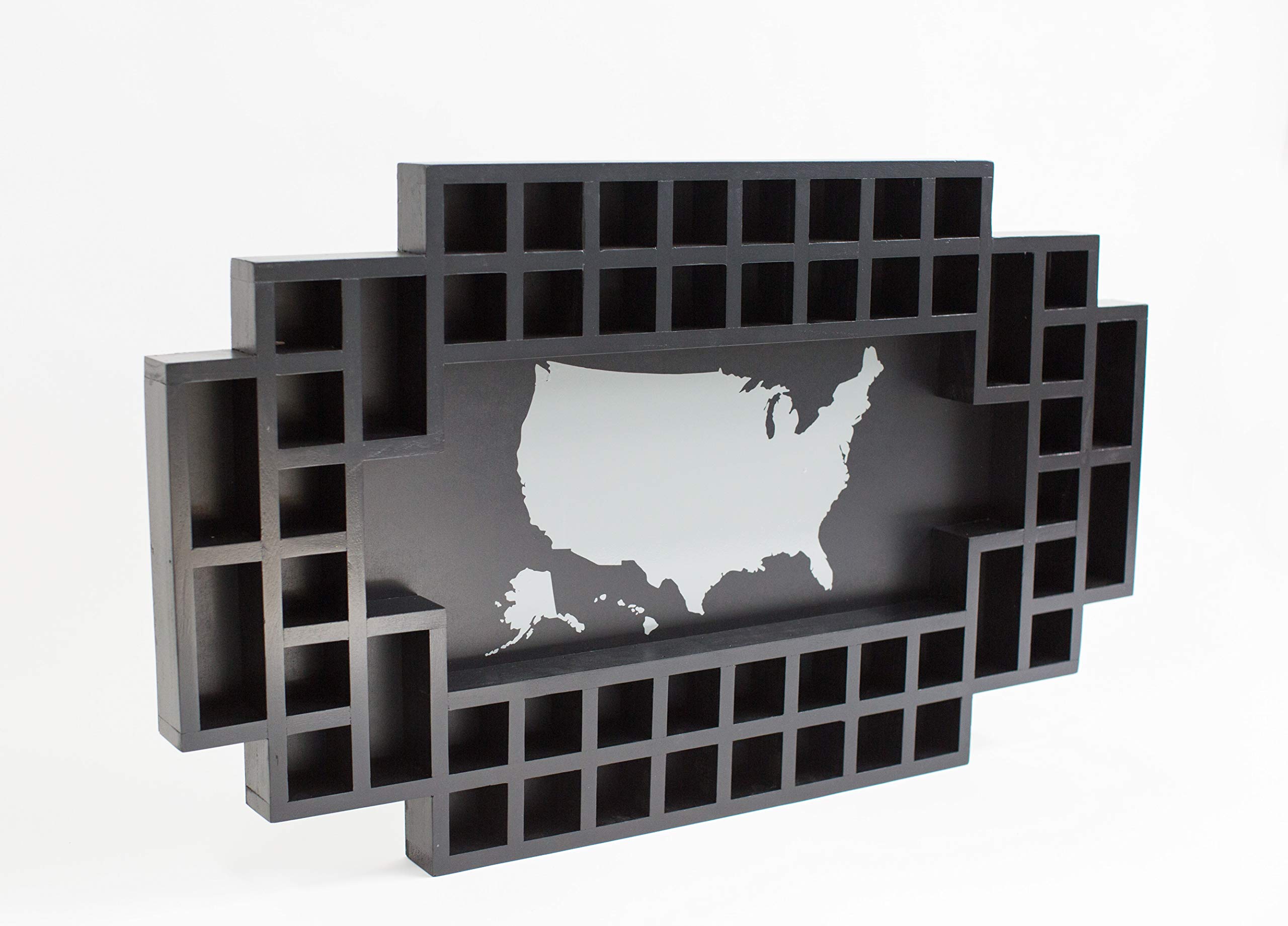 52-Slot Shot Glass Display Frame - Solid Wood Shot Glass Holder with World Map Design - 46.5x28 Inch Wall Mount Organizer (Black, US Map) - Perfect for Home Bars, Man Caves & Whiskey Collections