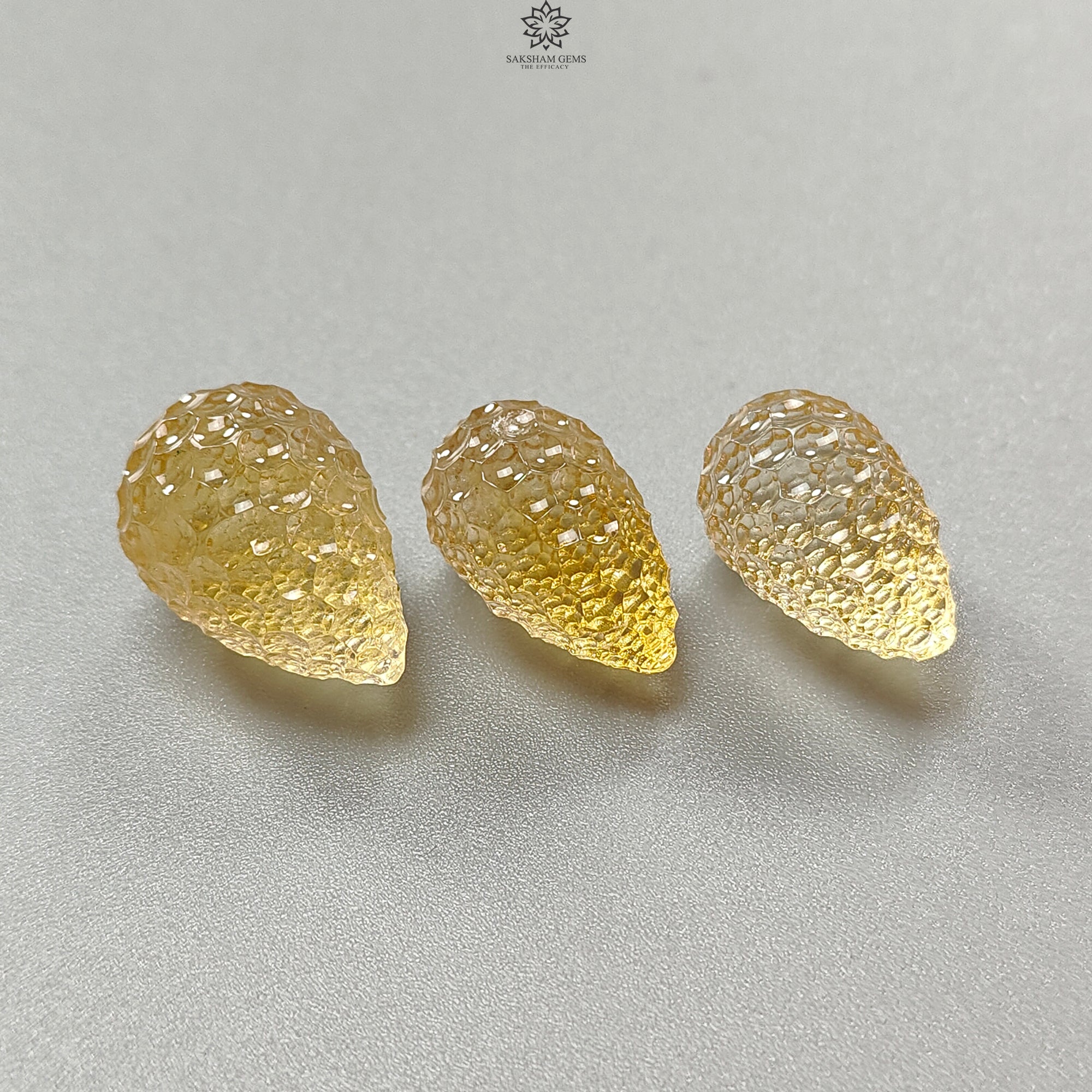 Natural Untreated Yellow Citrine Gemstone Carving - 64.60cts Hand Carved Teardrop Shape (21mm-22mm) 3-Piece Set | November Birthstone Jewelry Making Supplies | Perfect for Necklace Pendants, Earrings & DIY Craft Projects