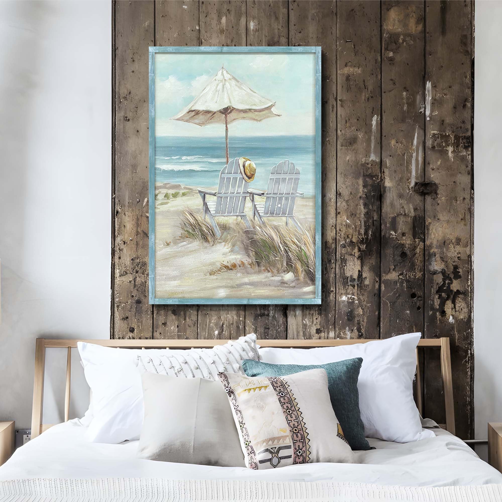 Rustic Coastal Framed Wall Art - Abstract Beach Chair Ocean Painting Print, Calming Seascape Wooden Artwork Decor for Living Room, Bedroom & Beach House | Coastal Home Decor & Wall Hanging Picture