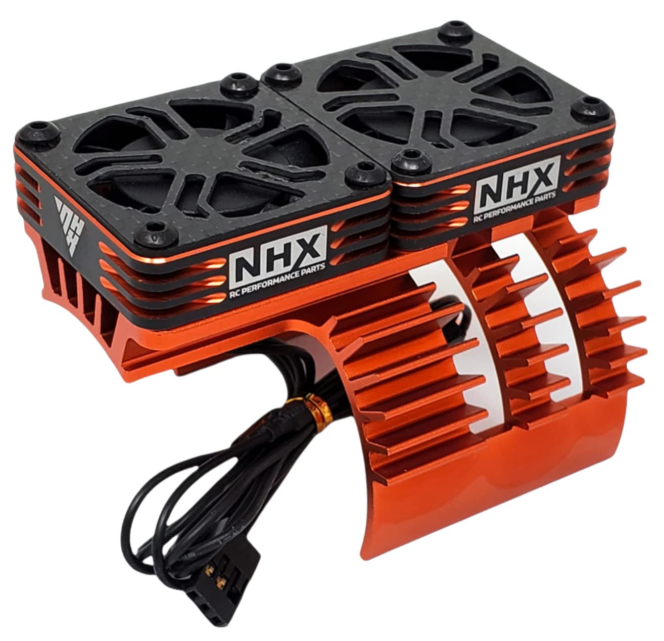 NHX RC 1/5 Scale Aluminum High Voltage Cooling Fans with Twin Cyclone Design & Protective Cover - Orange Motor Heatsink for RC Cars, Trucks & Off-Road Vehicles - Perfect for Racing, Drifting & Extreme Performance Cooling