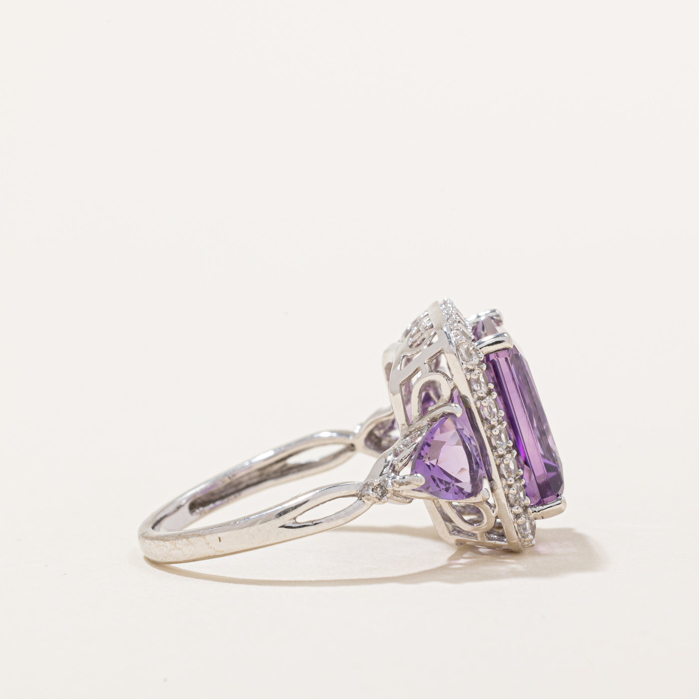 Amethyst & Synthetic White Sapphire Halo Ring - 5.00ctw Center Stone, 0.50ctw Accents - Size 6.25 - Elegant Wedding, Engagement & Anniversary Jewelry Gift for Women