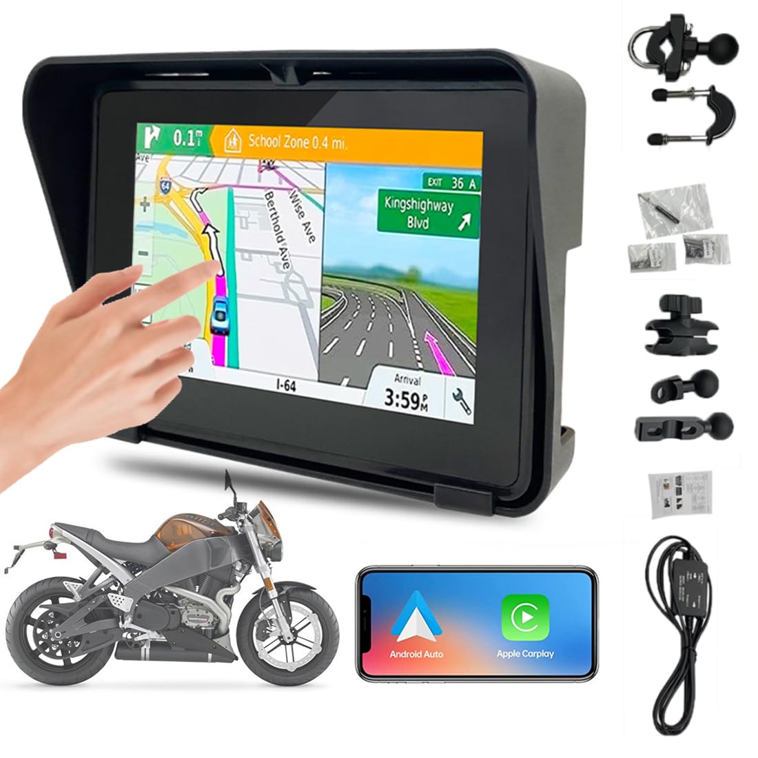 5-Inch Motorcycle GPS Navigator with Wireless CarPlay & Android Auto - 12-24V Waterproof IPX7 Touch Screen, Dual Bluetooth 5.0, WiFi, Built-in Speaker, Mini USB & TF Card Slot - Perfect for Adventure Riding, Commuting & Road Trips