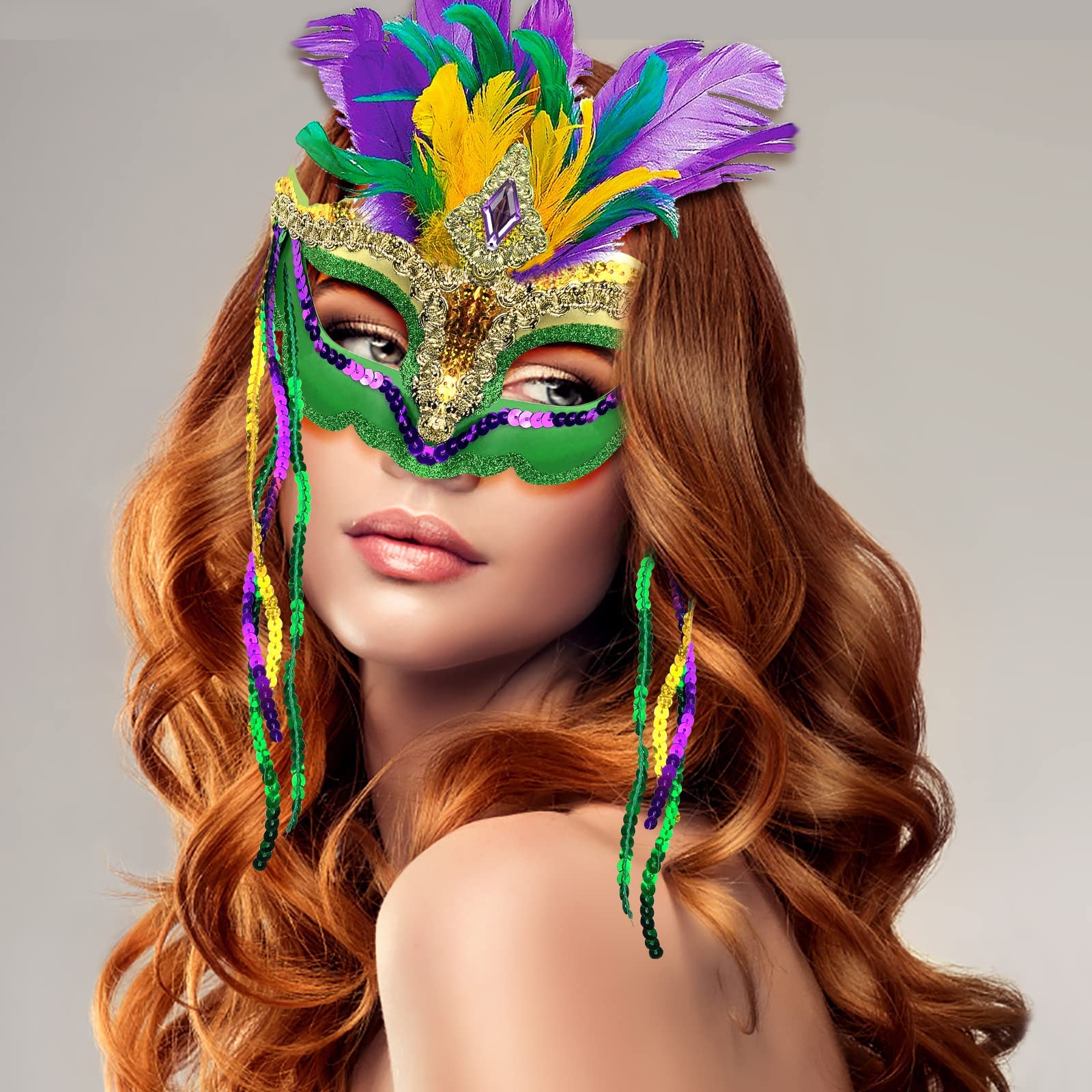 QLINLEAF Mardi Gras Mask - Feather Masquerade Venetian Carnival Mask for Women, Halloween Costume Accessory, Cosplay Party Mask - Perfect for Mardi Gras Balls, Venetian Carnivals, Halloween Parties & Costume Events
