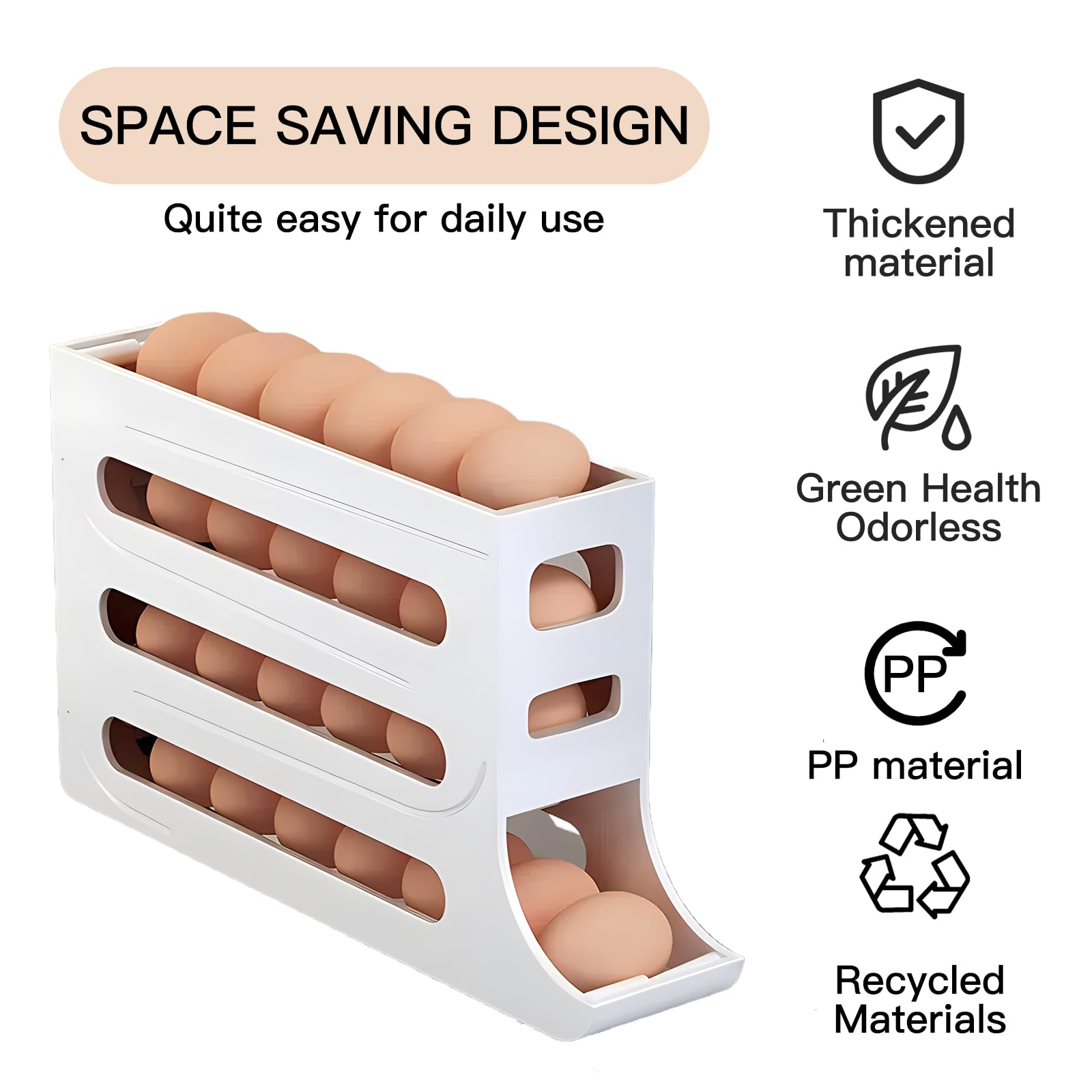 Automatic Egg Dispenser & Rolling Egg Tray Organizer - Holds 28 Eggs, Space Saving Refrigerator Storage for Kitchen, Cabinets & Dining Table (White) | Perfect for Breakfast Meal Prep, Baking & Organized Fridge Storage