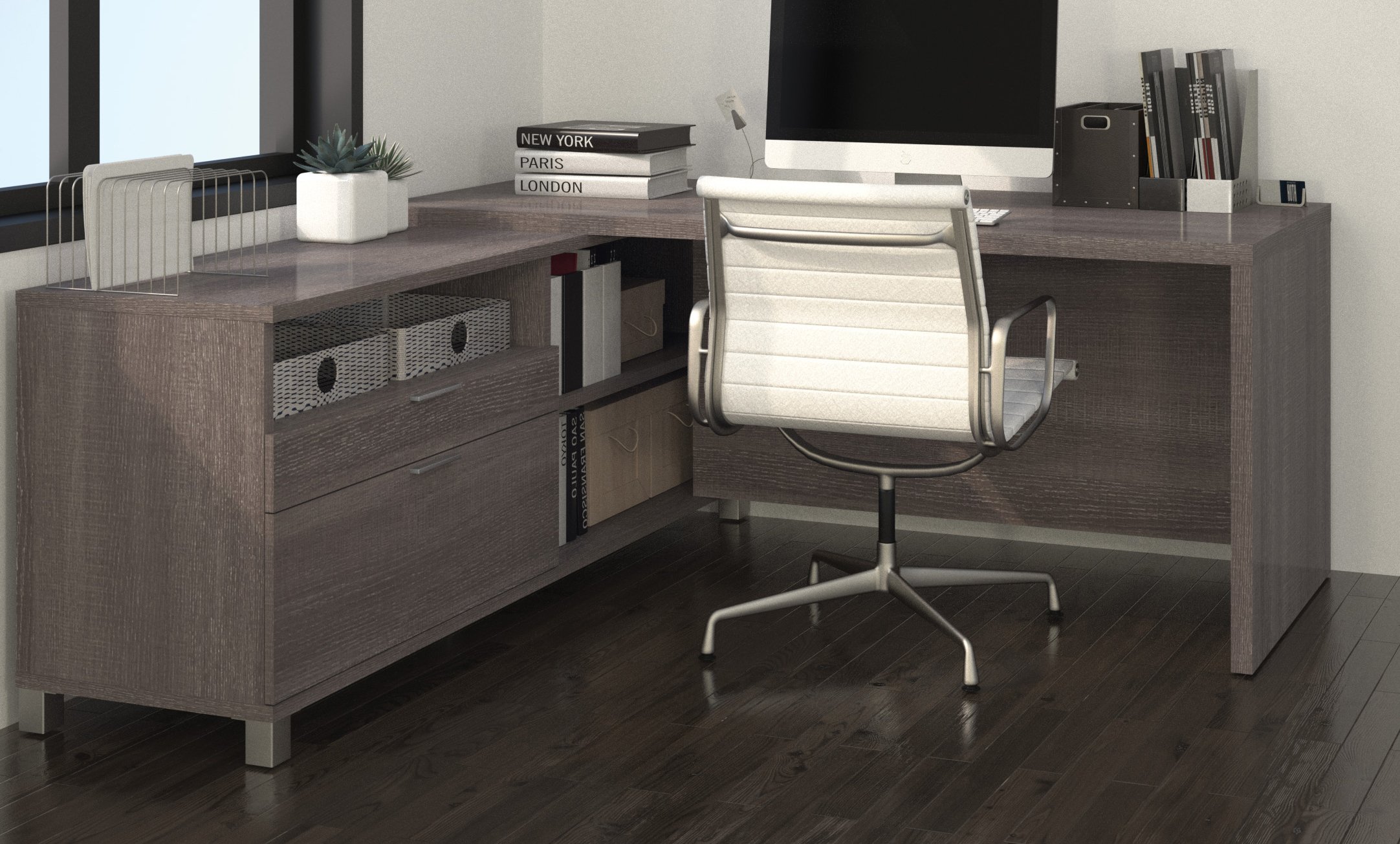 Bestar Pro-Linea L-Shaped Office Desk 72 Inch Wide in Bark Grey - Modern Corner Workstation for Home Office & Small Spaces