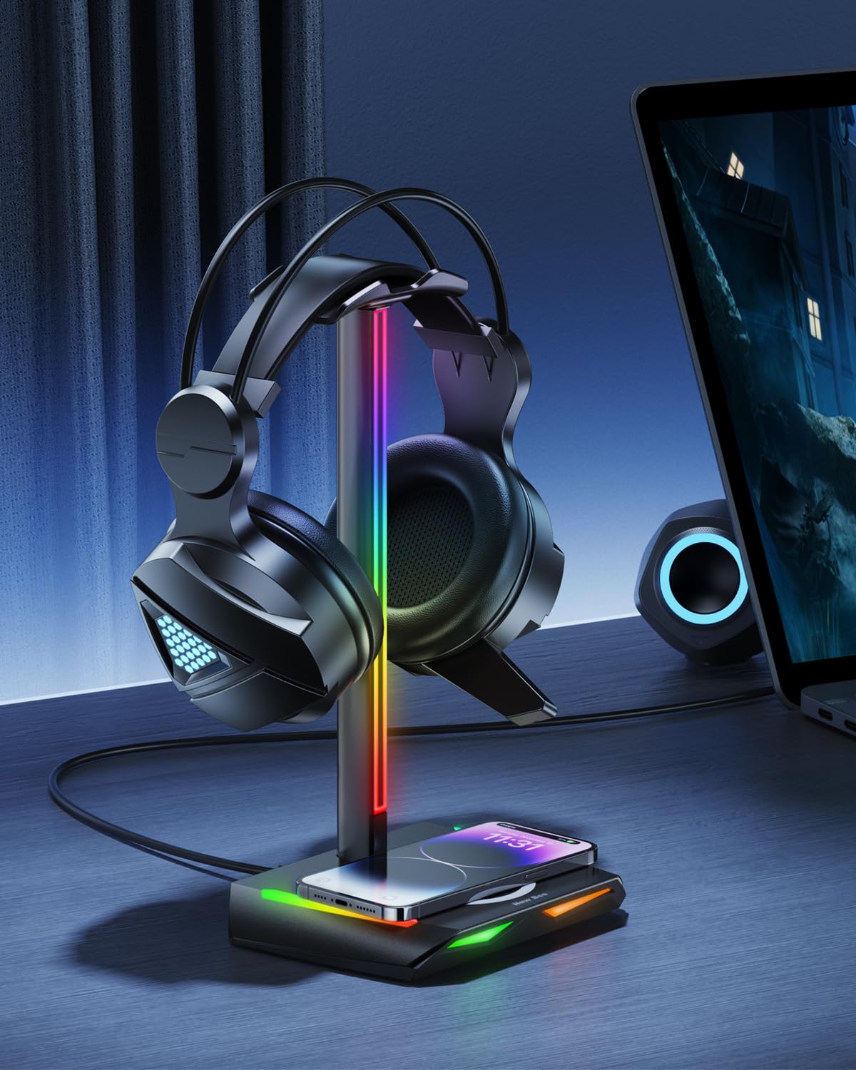 RGB Gaming Headphone Stand with Wireless Charger - 2 USB-C & 1 USB Ports, 7 Color Modes, Non-Slip Base - Perfect for Gaming Setup, Home Office & Streaming Station (Black)