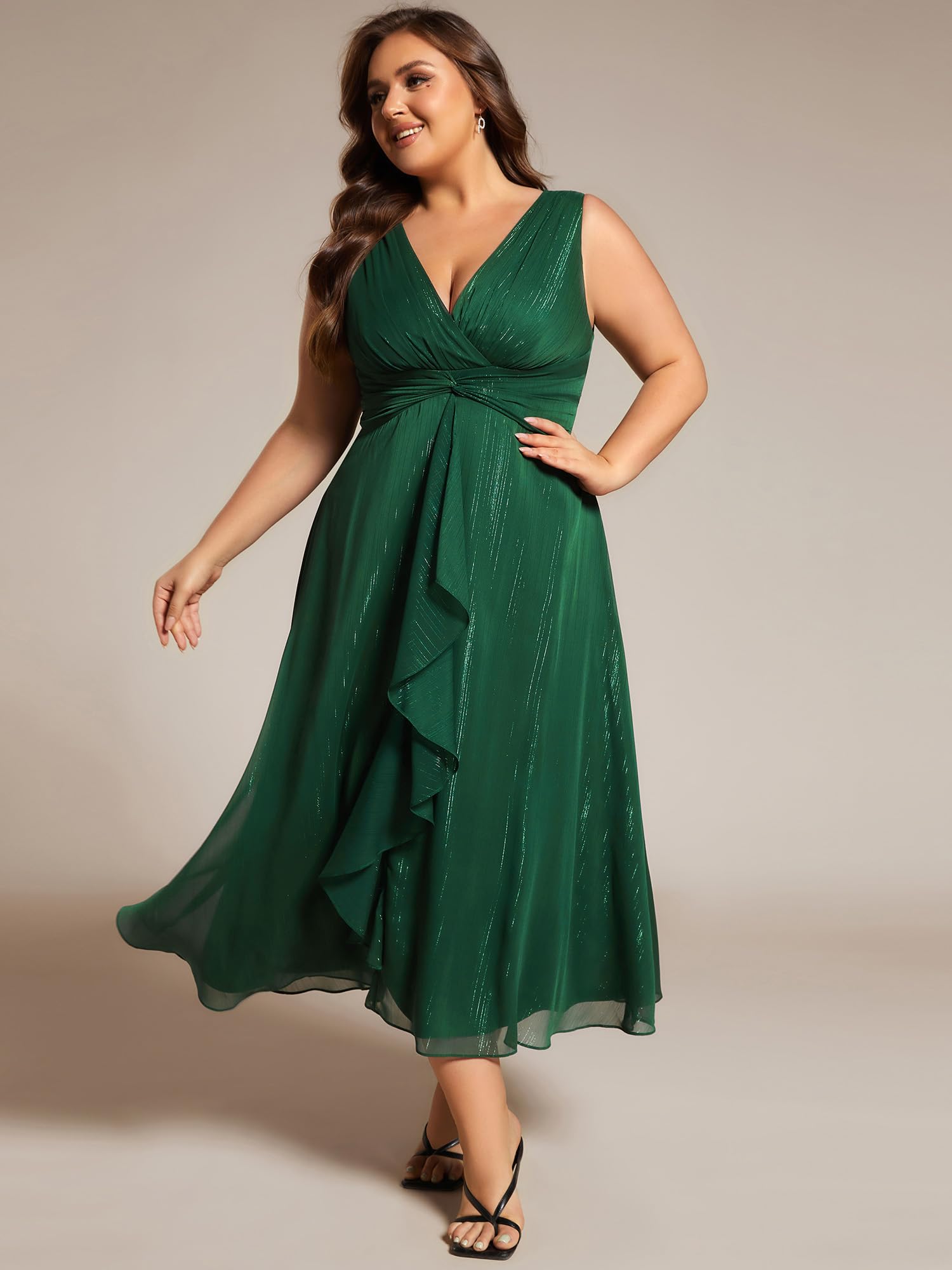 Ever-Pretty Women's Sleeveless V-Neck A-Line Pleated Plus Size Tea-Length Wedding Guest Dress 11977-DA | Elegant Formal Occasion & Special Event Attire for Bridesmaids, Parties, and Evening Gatherings