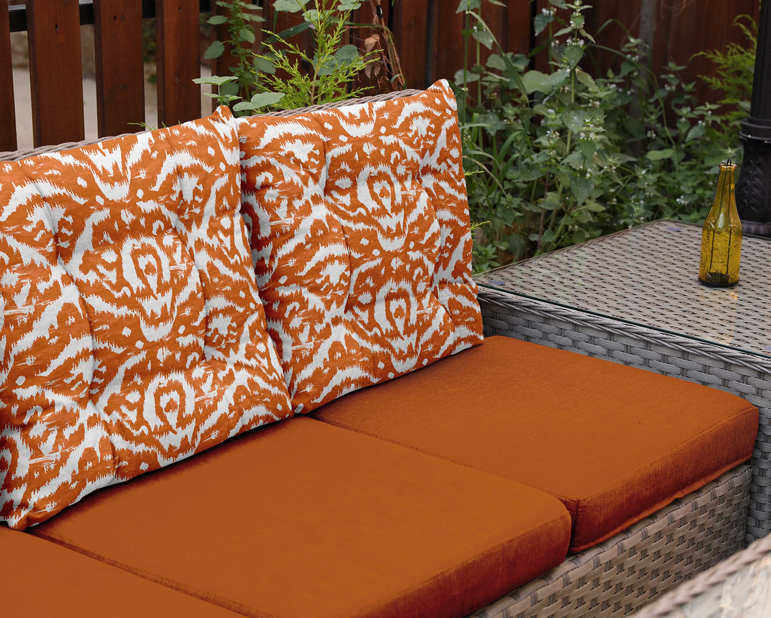 Waterproof 19-inch Orange Ikat Print Square Patio Cushion Set of 2 - Indoor/Outdoor Furniture Seat Cushions for Garden, Deck, Poolside & Balcony Use
