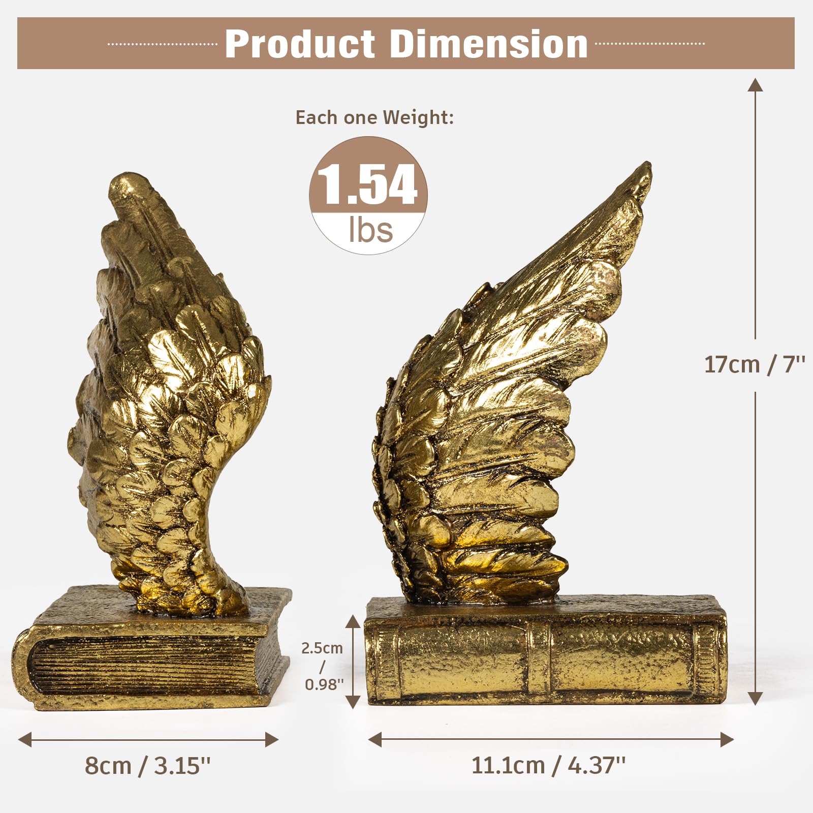Heavy Duty Decorative Bookends with Anti-Slip Base - Lucky Wings Design for Shelves, Magazines & Heavy Books - Gold Home Office Decor for Study, Library & Workspace Organization