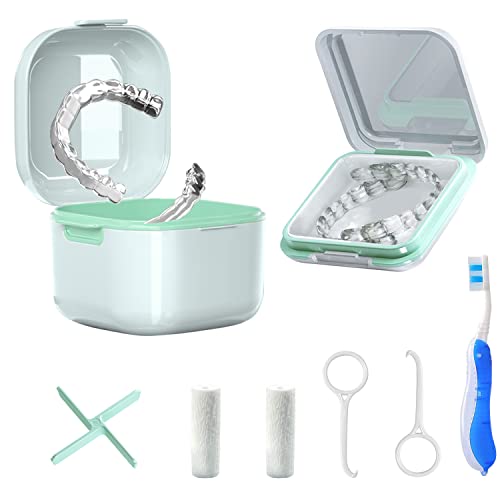 **Denture Bath Box Cup with Strainer Basket - Orthodontic Retainer Cleaning & Storage Case - Includes Braces Chewable Tablets, Removal Tool & Toothbrush (White) - Perfect for Denture Care, Retainer Soaking & Travel Hygiene**