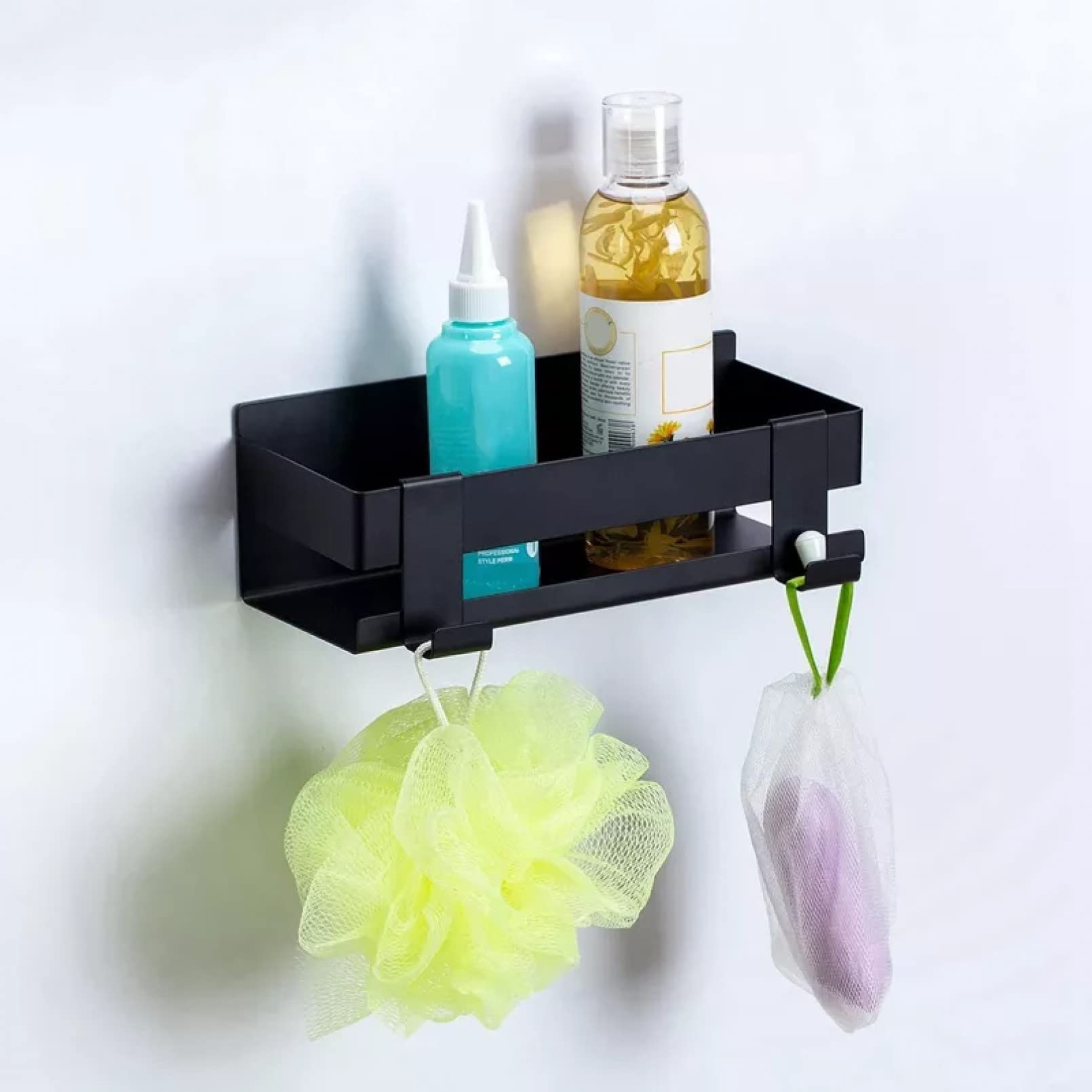 Black 22Cm Self-Adhesive No-Drill Shower Shelf with Hooks - Waterproof Bathroom Storage Organizer for Shampoo, Soap & Towels - Perfect for Small Spaces & Rental Homes