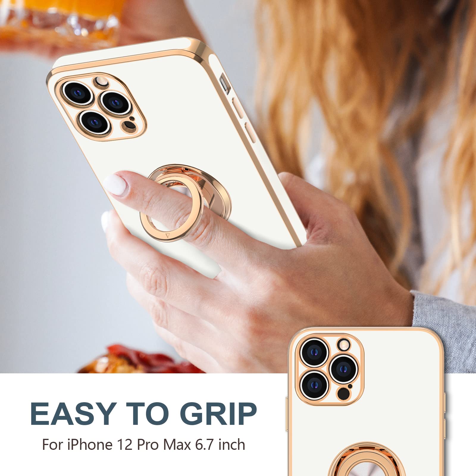 Hython iPhone 12 Pro Max Case with Rotatable Ring Stand - Rose Gold Shockproof Cover for Work & Travel