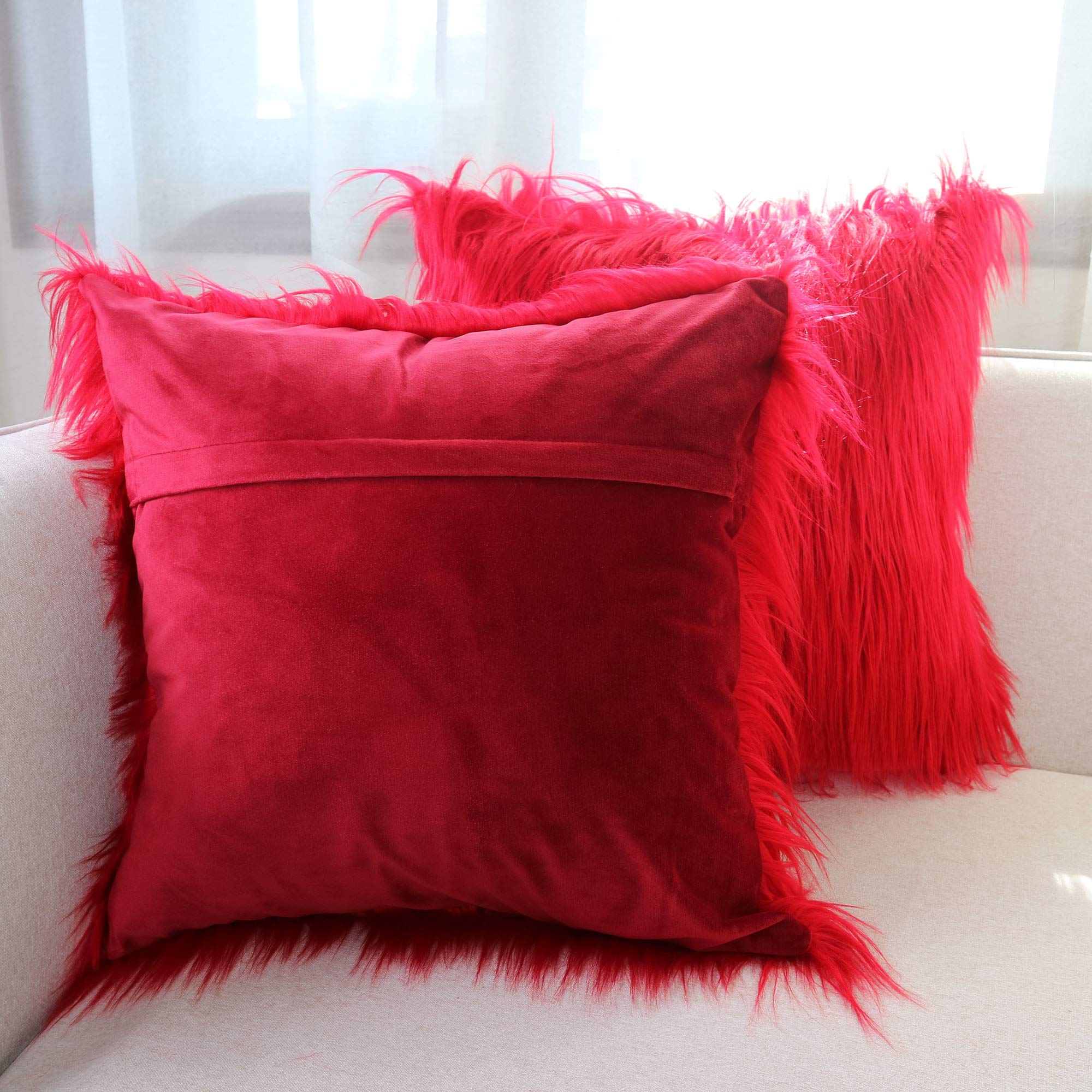 Luxury Faux Fur Throw Pillow Covers 18x18 Inch (45x45cm) - Soft Mongolian Long Fur Square Cushion Covers for Couch, Sofa & Floor - 100% Polyester Home Decor (Bright Red, 2-Pack) - Perfect for Living Room, Bedroom & Cozy Home Decor