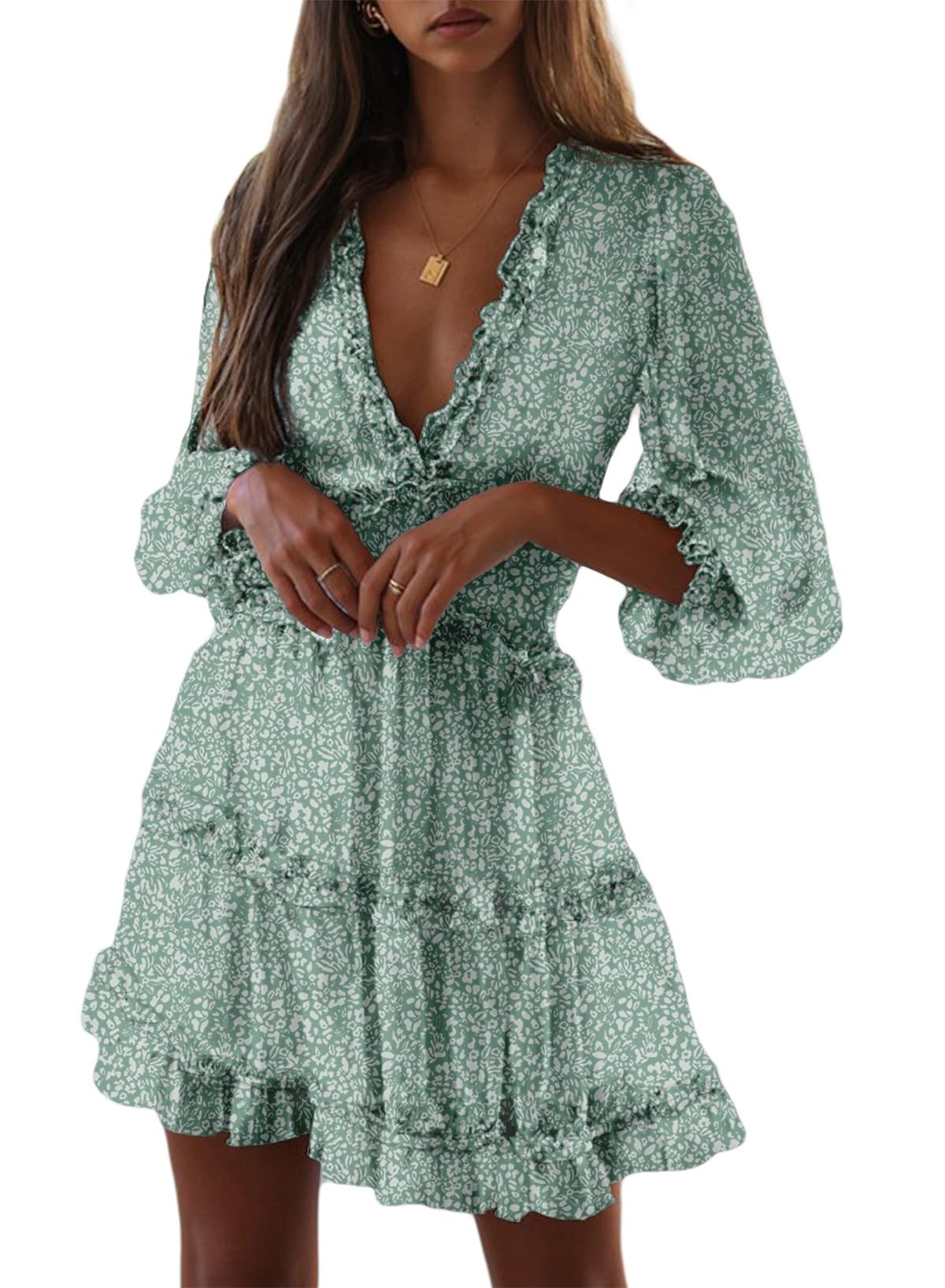 Dokotoo Women's 2025 Spring Summer Floral Mini Dress - Deep V Neck, Long Sleeve, Backless & Ruffle Design for Party, Date Night & Beach Vacation