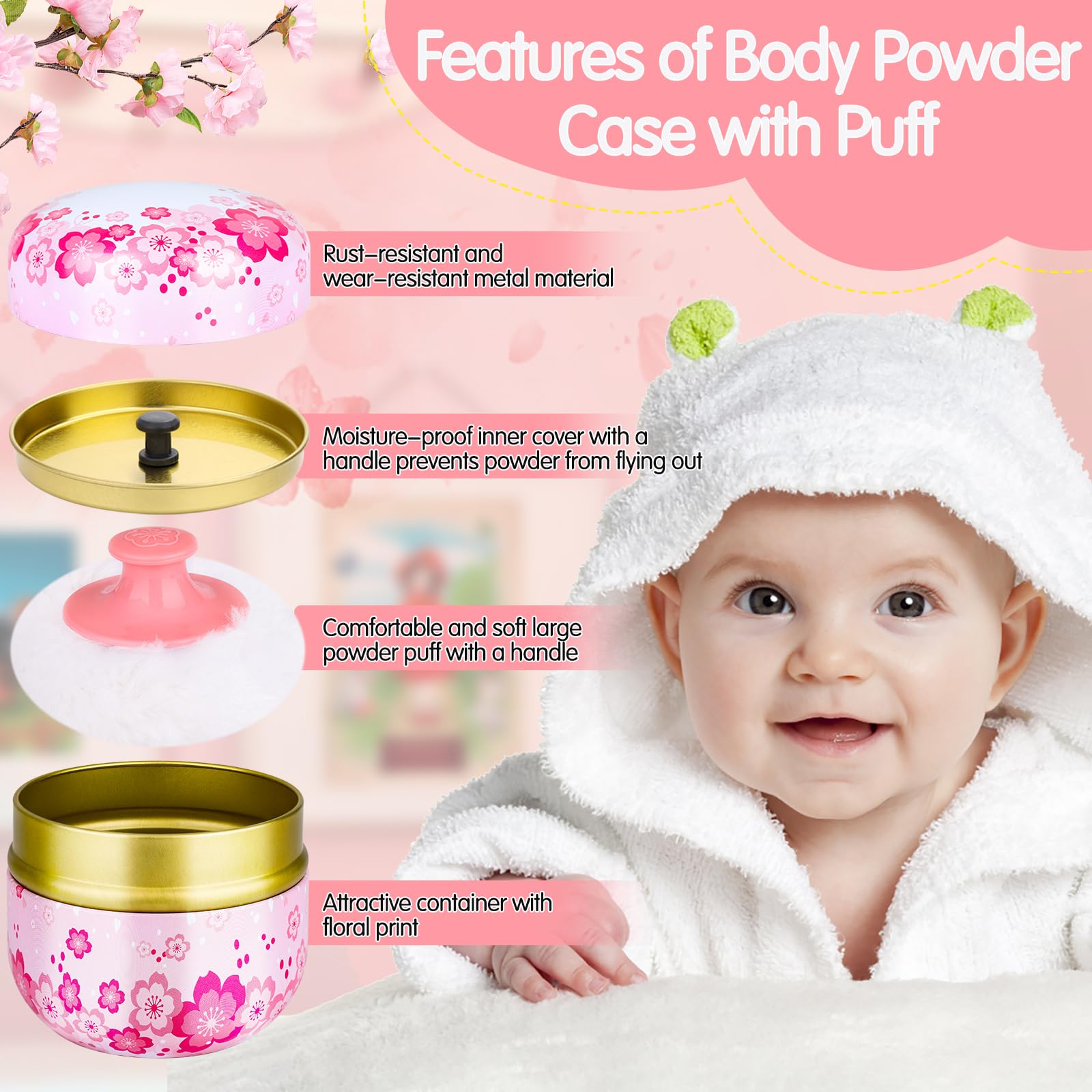 3-Piece Body Powder Puff Set with Floral Container - Large Plush Powder Puff & Spoon - Loose Dusting Powder Box for Women & Babies (Pink, Blue, Yellow) - Perfect for Home, Travel & Nursery Care