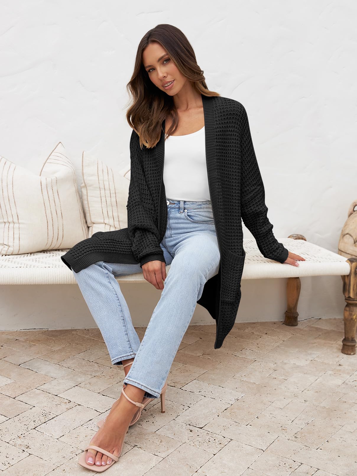 MEROKEETY Women's Oversized Long Batwing Sleeve Cardigan Waffle Knit Sweater Coat - Soft & Cozy Open Front Sweater for Fall & Winter, Perfect for Casual Outfits, Office Wear and Loungewear