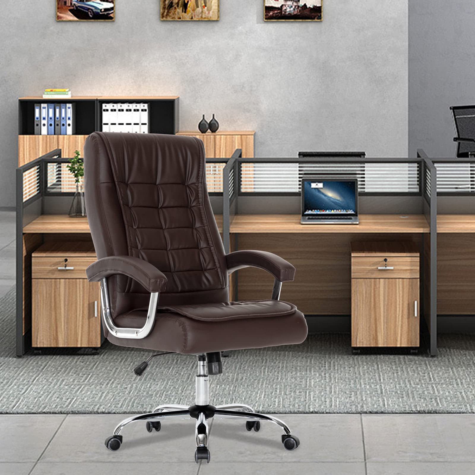 Premium Adjustable Leather Executive Office Chair - High Back Ergonomic Swivel Desk Chair with Padded Armrests & Spring Seat - Supports 350lbs - Perfect for Home Office & Workspaces (Brown)