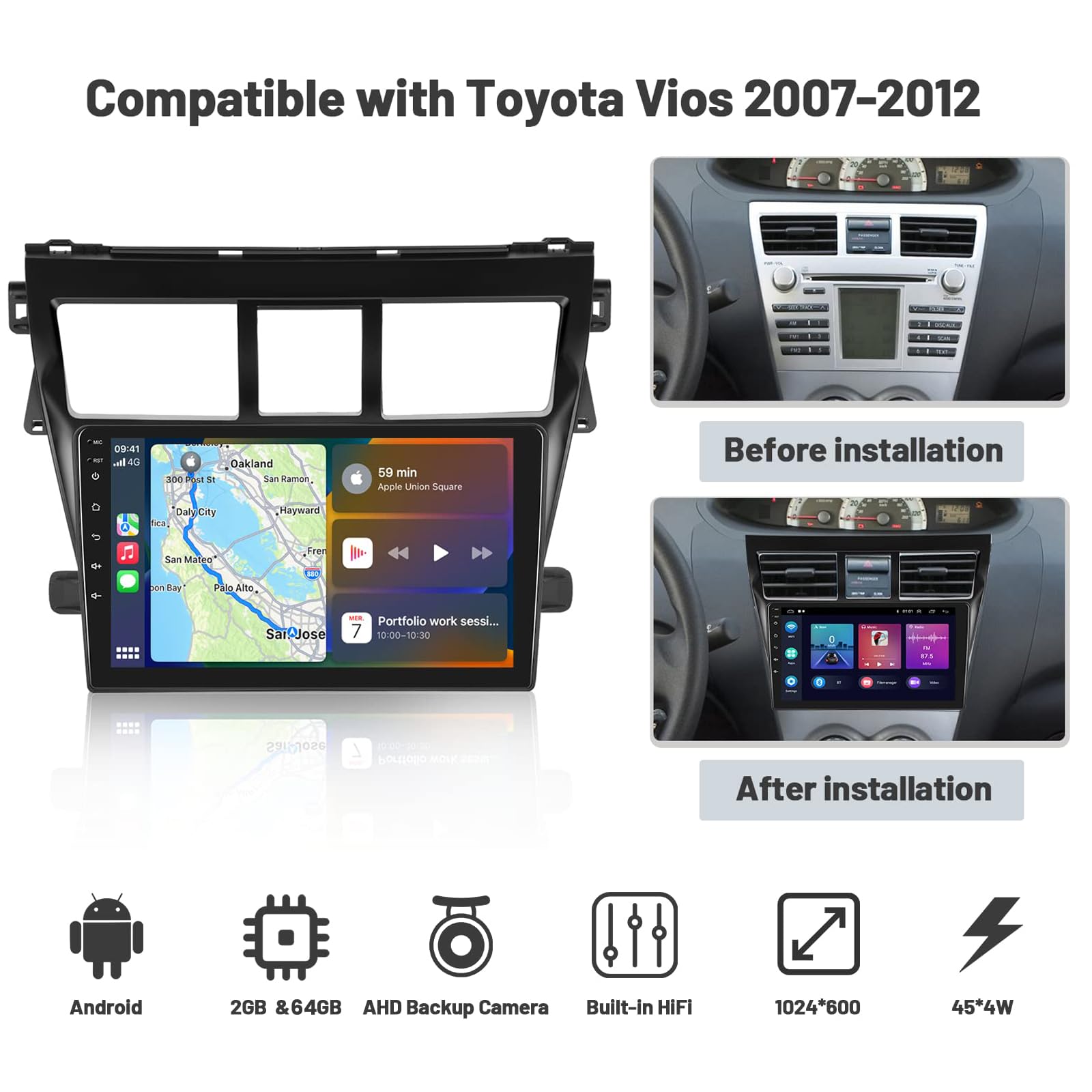 Toyota Yaris Vios 2007-2012 Car Stereo with Wireless CarPlay & Android Auto - 9