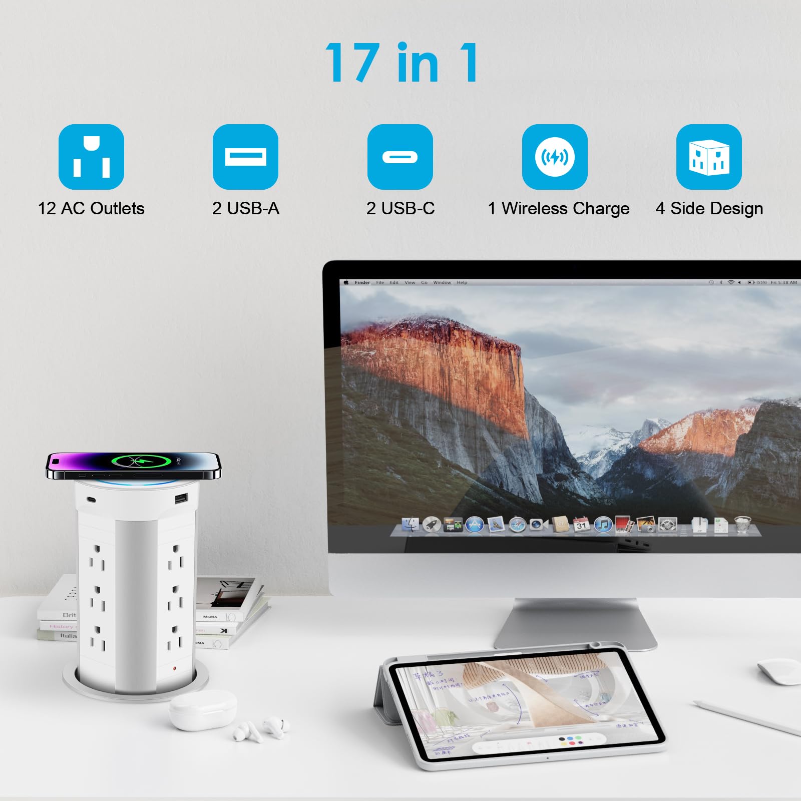 HEZI 4-inch Pop Up Countertop Outlet with 15W Wireless Charger | 45W Power Delivery | 2 USB-A & 2 USB-C Ports | 12 AC Outlets | Tamper Resistant 15A | for Home Office Kitchen Counter Island | Perfect for Charging Phones, Laptops & Small Appliances