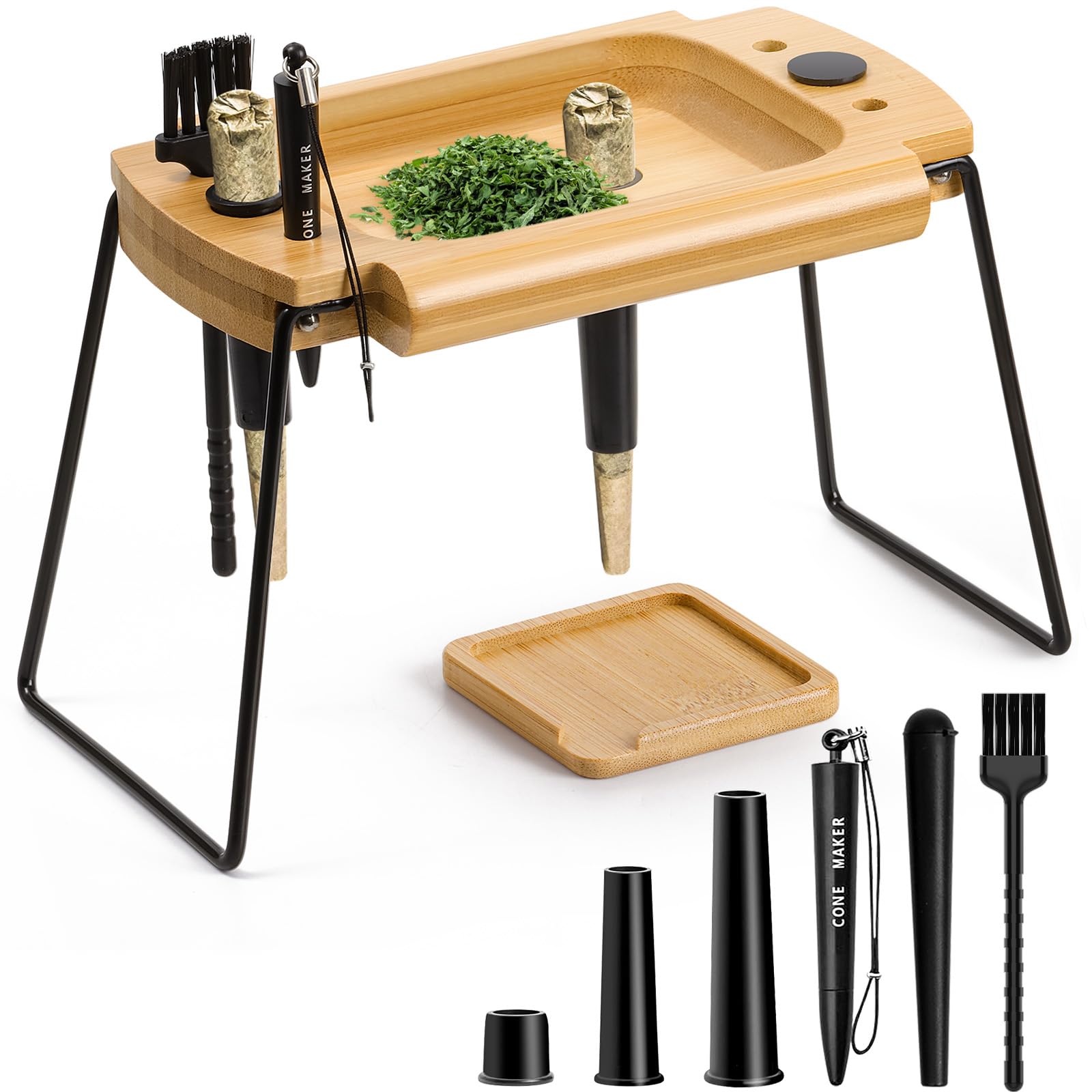 Foldable Wooden Rolling Tray Set with Cone Loader - Travel Smoking Kit for On-The-Go Use