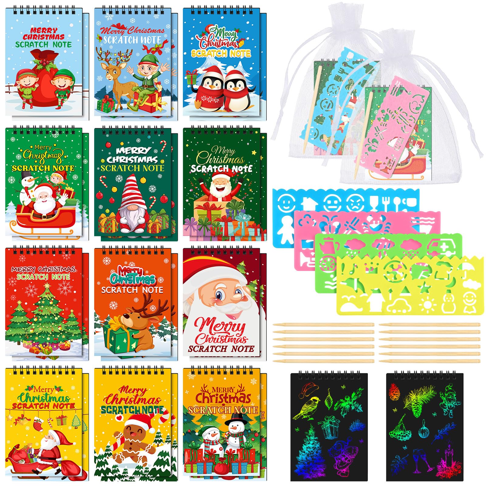 24-Piece Christmas Scratch Art Kit for Kids - DIY Holiday Crafts Notebooks, Mini Coloring Books & Party Favors - Fun School Activities, Birthday Gifts & Christmas Stationery Supplies (Perfect for Classroom Parties, Holiday Crafts & Creative Play)