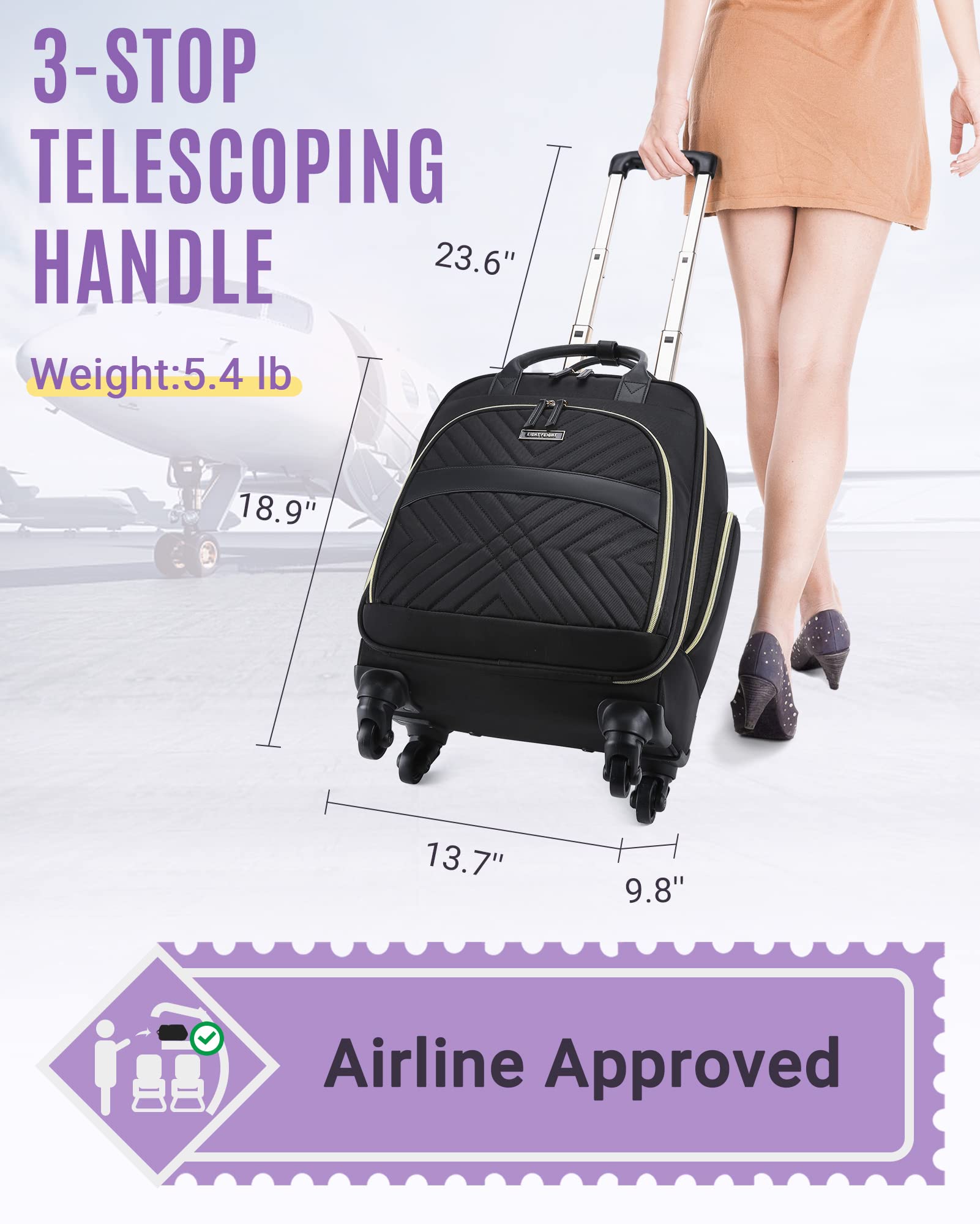 LIGHT FLIGHT Rolling Laptop Bag for Women & Men - 15.6 Inch Spinner Wheel Computer Briefcase with Water-Resistant Design | Perfect for Business Travel, Airplane Carry-On & Office Commute (Quilted Black)