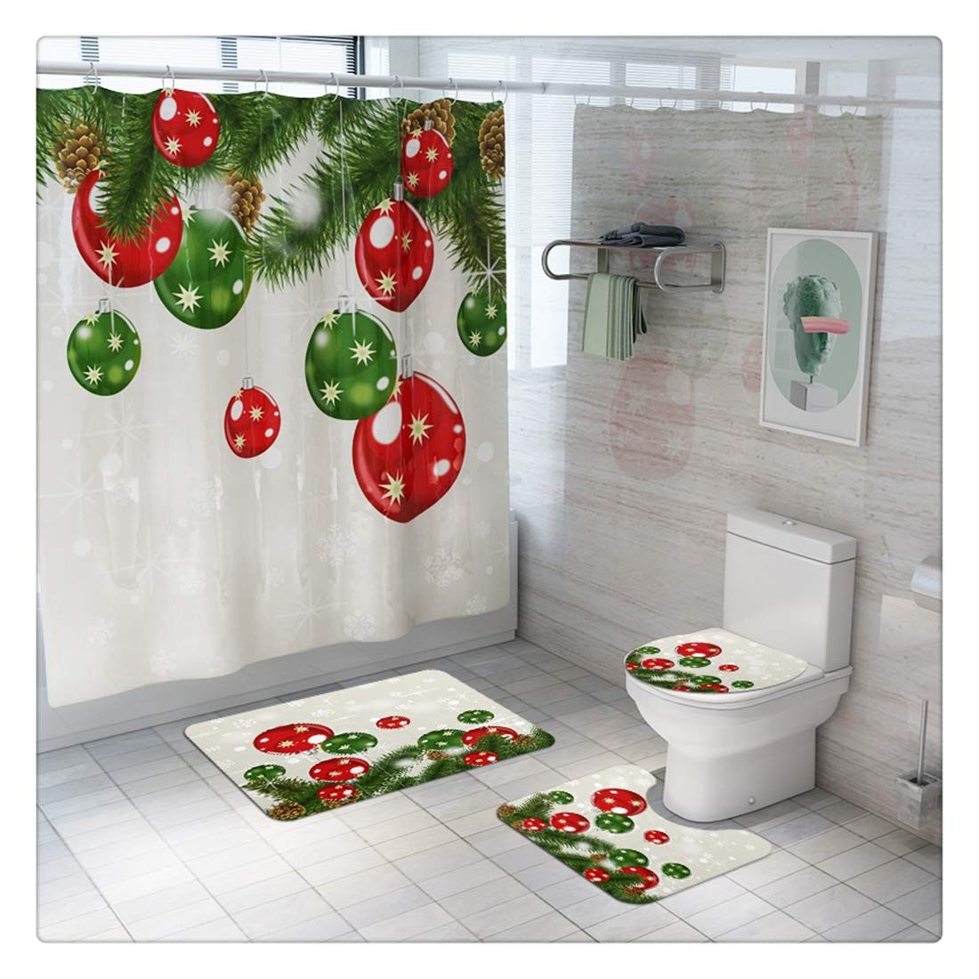 Non-Slip Christmas Print Bathroom Mat Set - 4-Piece Waterproof Toilet Floor Carpet with Holiday Decor for Home, Bath & Shower - Perfect Gift for Festive Home Decor