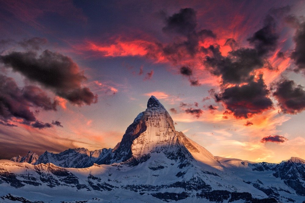 Switzerland Alps Matterhorn Mountain Sunset Landscape Art Print - 24x36 Signed Wall Decor Poster for Living Room, Bedroom & Office