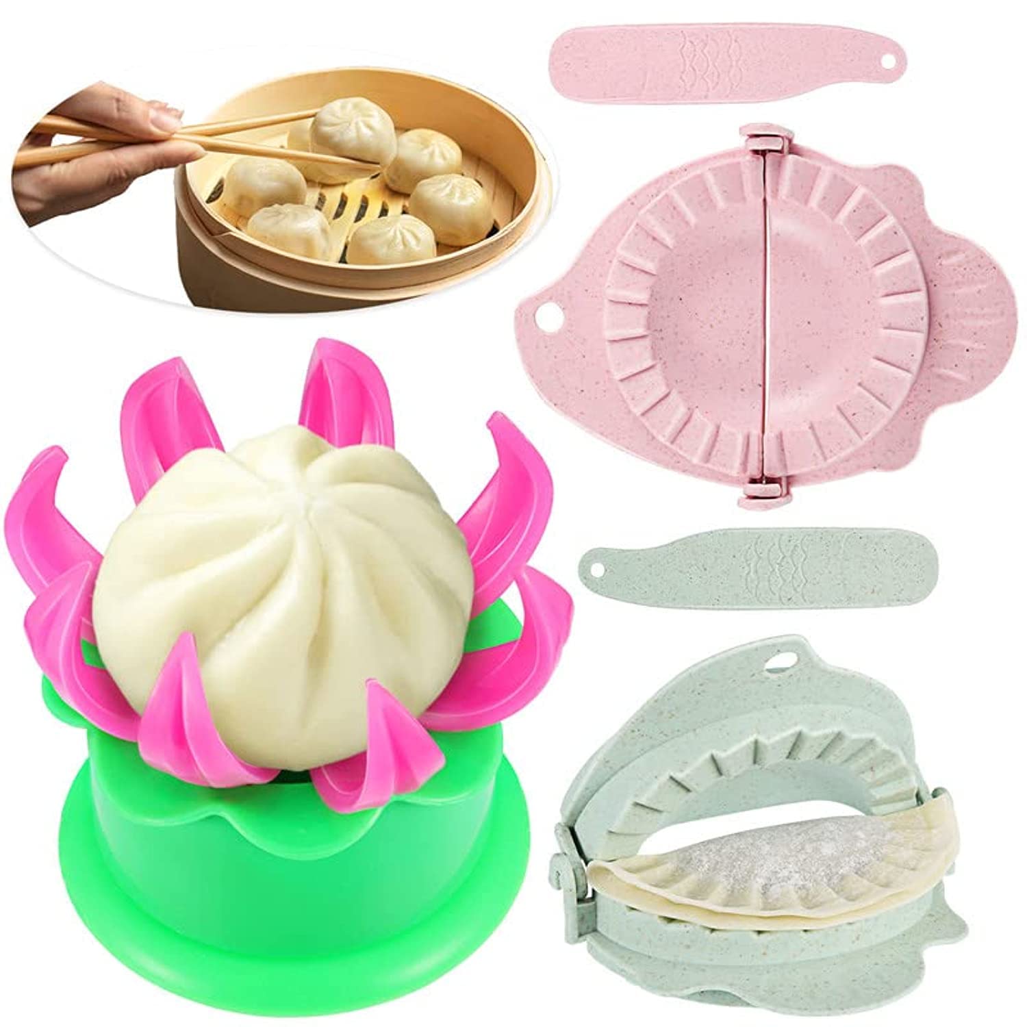 5-Piece Bun and Dumpling Maker Set - Plastic Steam Mold with Filling Spoon - Cooking Tools for Kids to Learn Making Homemade Buns & Dumplings (Green, Pink) - Perfect for Family Cooking Activities & Asian Cuisine DIY