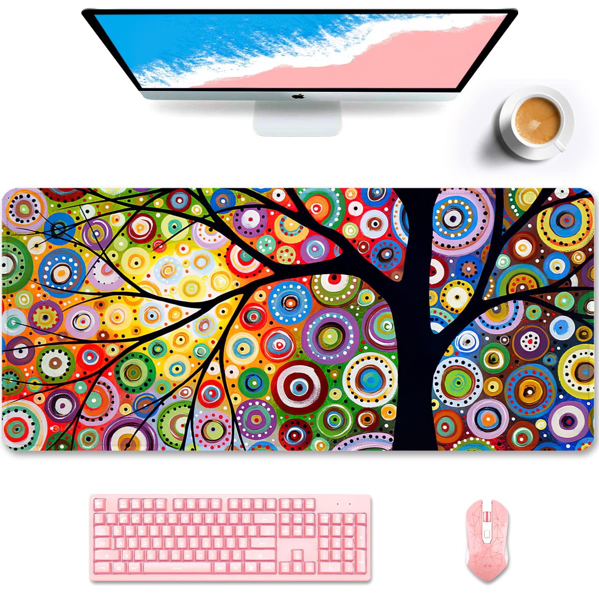 Auhoahsil XXL Large Desk Pad - Extended Gaming Mouse Pad & Office Accessories for Computer, Keyboard & Laptop (35.5 x 15.7 Inch) - Floral Tree of Life Design - Perfect for Work, Gaming & Home Office Setup