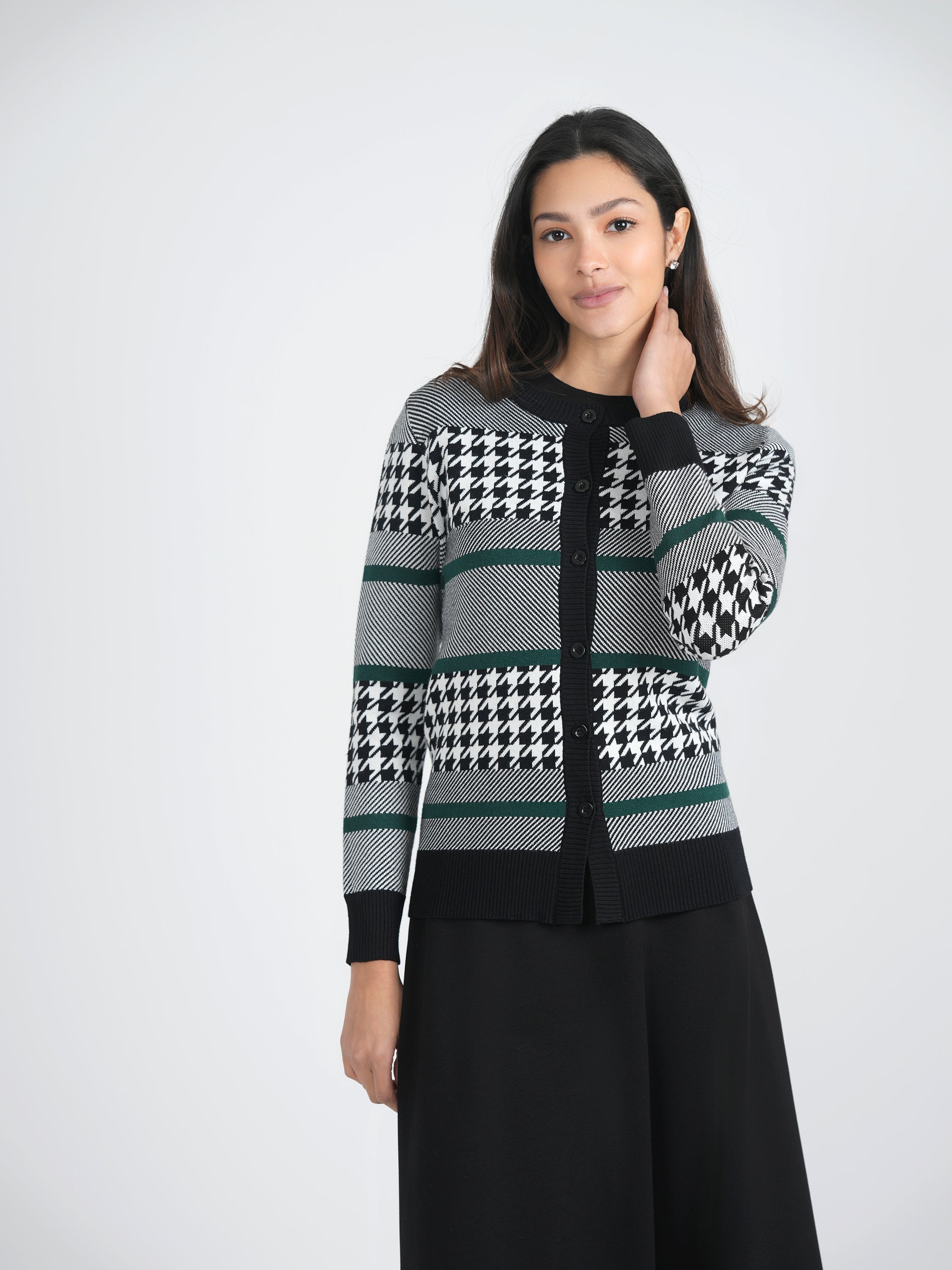 Houndstooth Knit Cardigan for Women - Stylish Open Front Long Sleeve Sweater - Perfect for Office, Date Night & Fall Layering