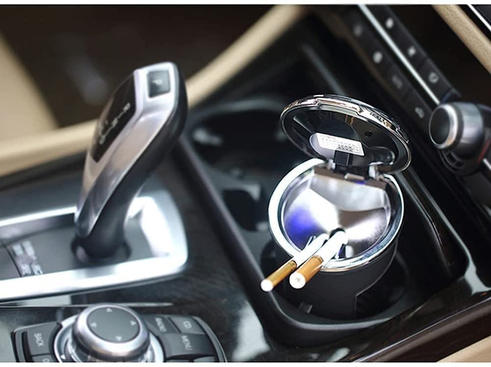 Portable Car Ashtray with Lid - Detachable Stainless Steel Smokeless Ash Tray, Mini Car Trash Can with Windproof Design & LED Blue Light for Outdoor Travel, Camping, Road Trips and Home Use