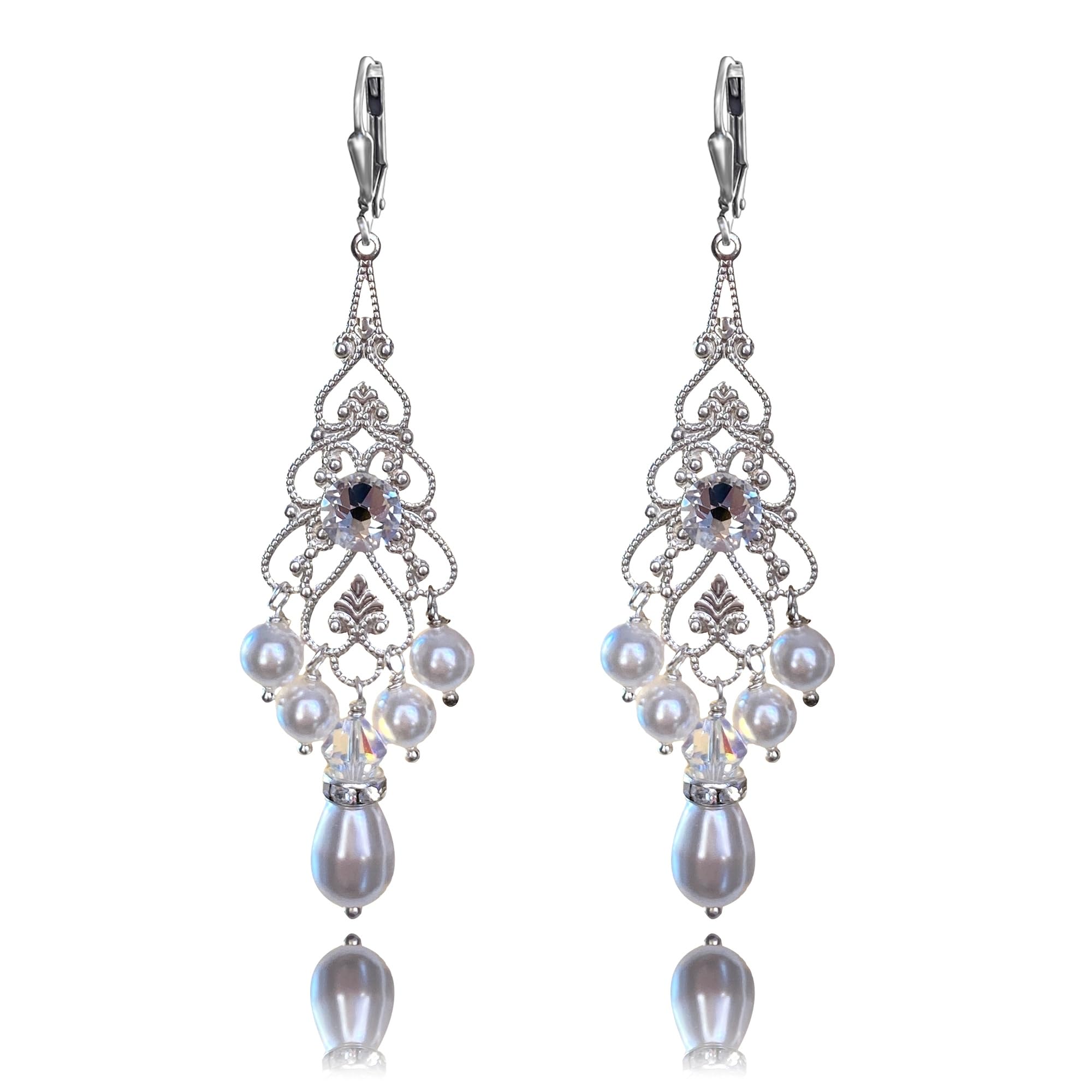 Elegant Bridal Chandelier Earrings for Women - Simulated Pearl Drop Dangle Jewelry Set - Perfect Wedding, Prom, Anniversary Gift for Her - Great for Bridesmaids, Evening Parties & Special Occasions