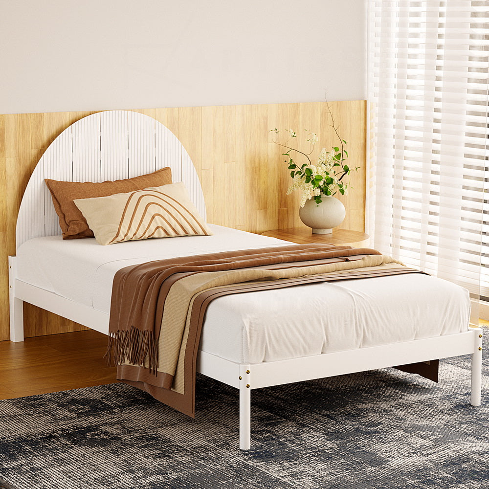Daly King Single Wooden Bed Frame - Solid Wood Platform Bed with Headboard, White - Perfect for Bedroom, Guest Room, and Small Spaces