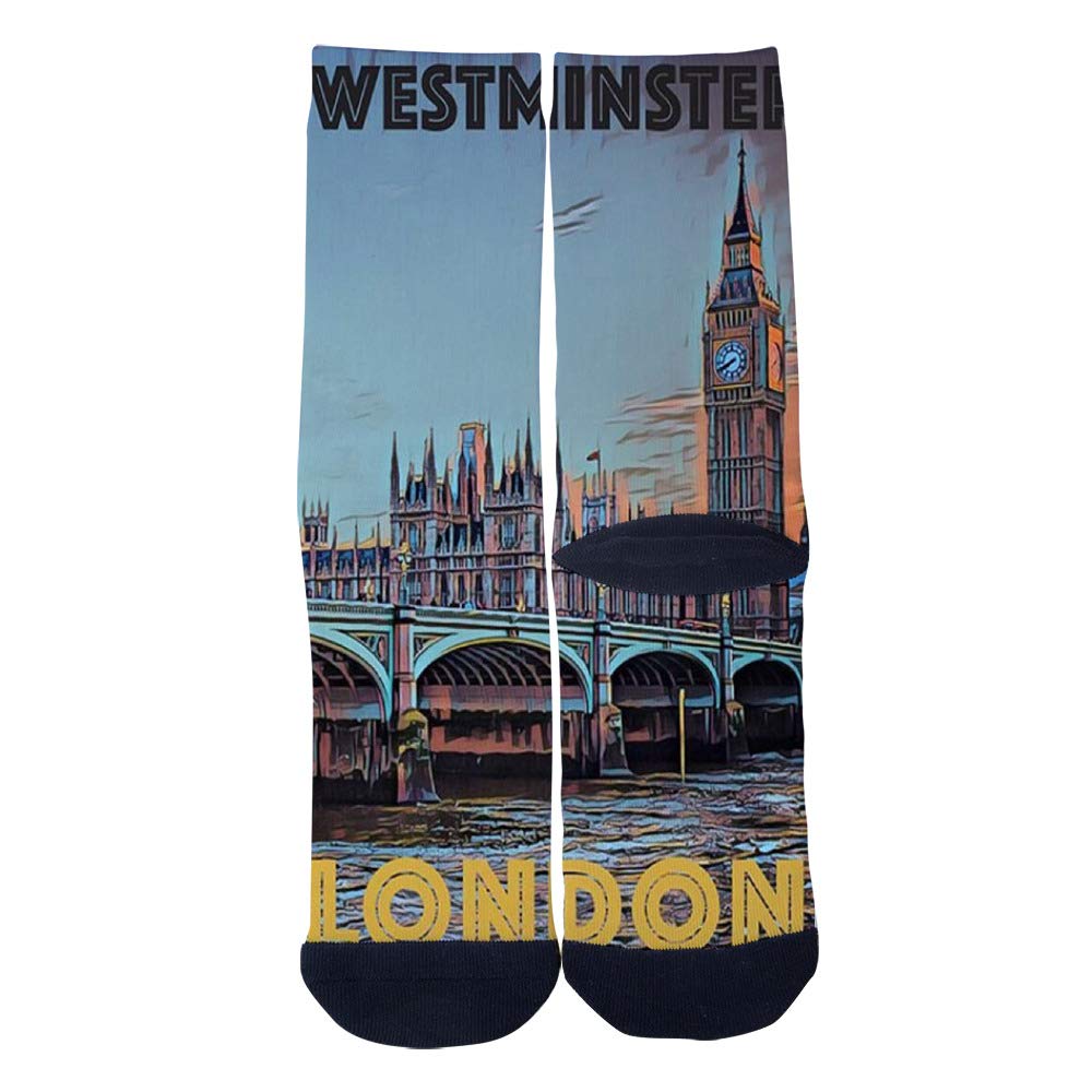 Custom Retro Travel Poster Westminster London Socks - 3D Printed Novelty Crew Socks for Men & Women - Perfect for Travel Enthusiasts & Gift Giving