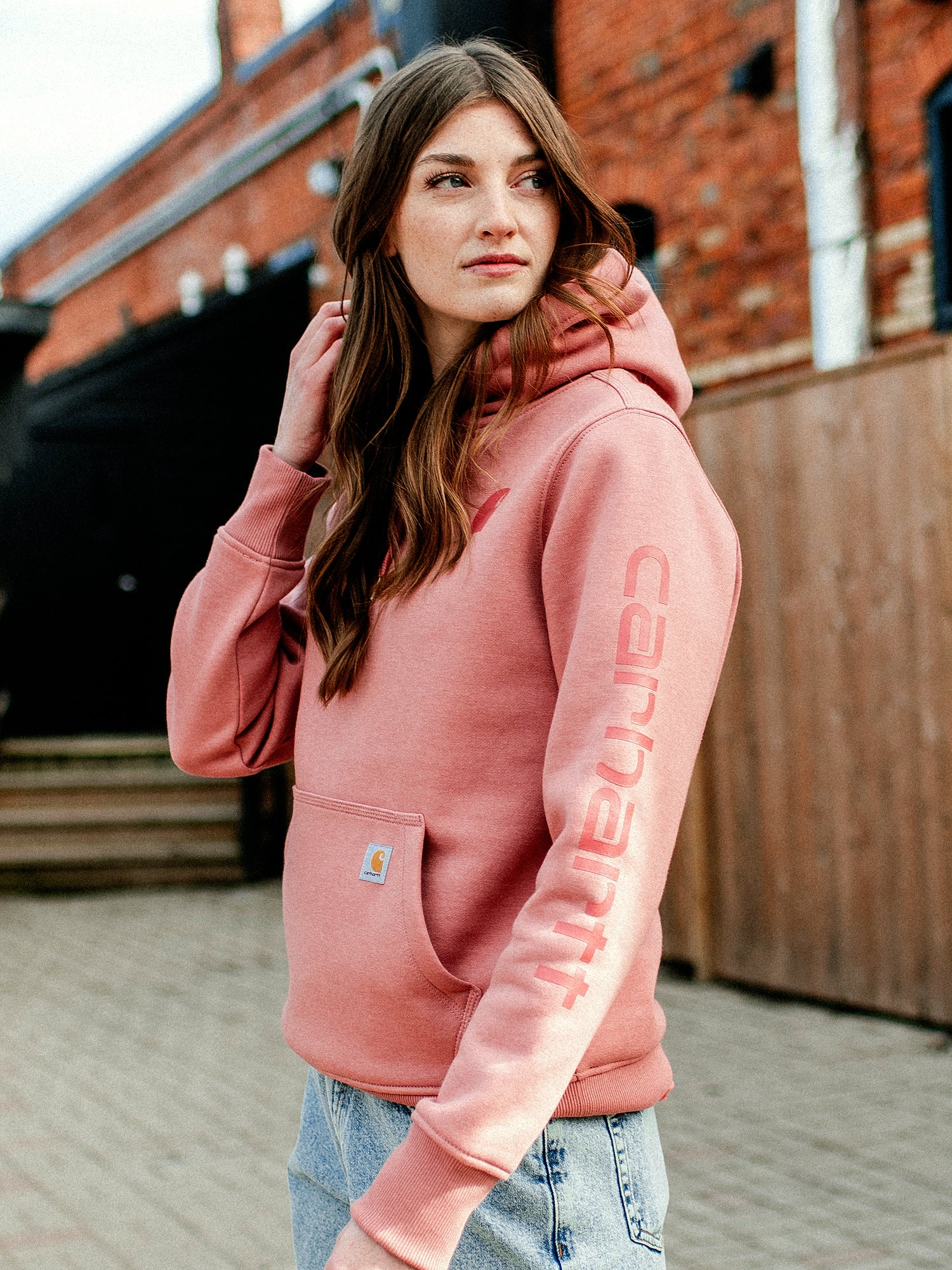 Carhartt Logo Sleeve Pullover Hoodie for Women - Rose Pink Fleece Sweatshirt for Casual Wear, Work & Outdoor Activities
