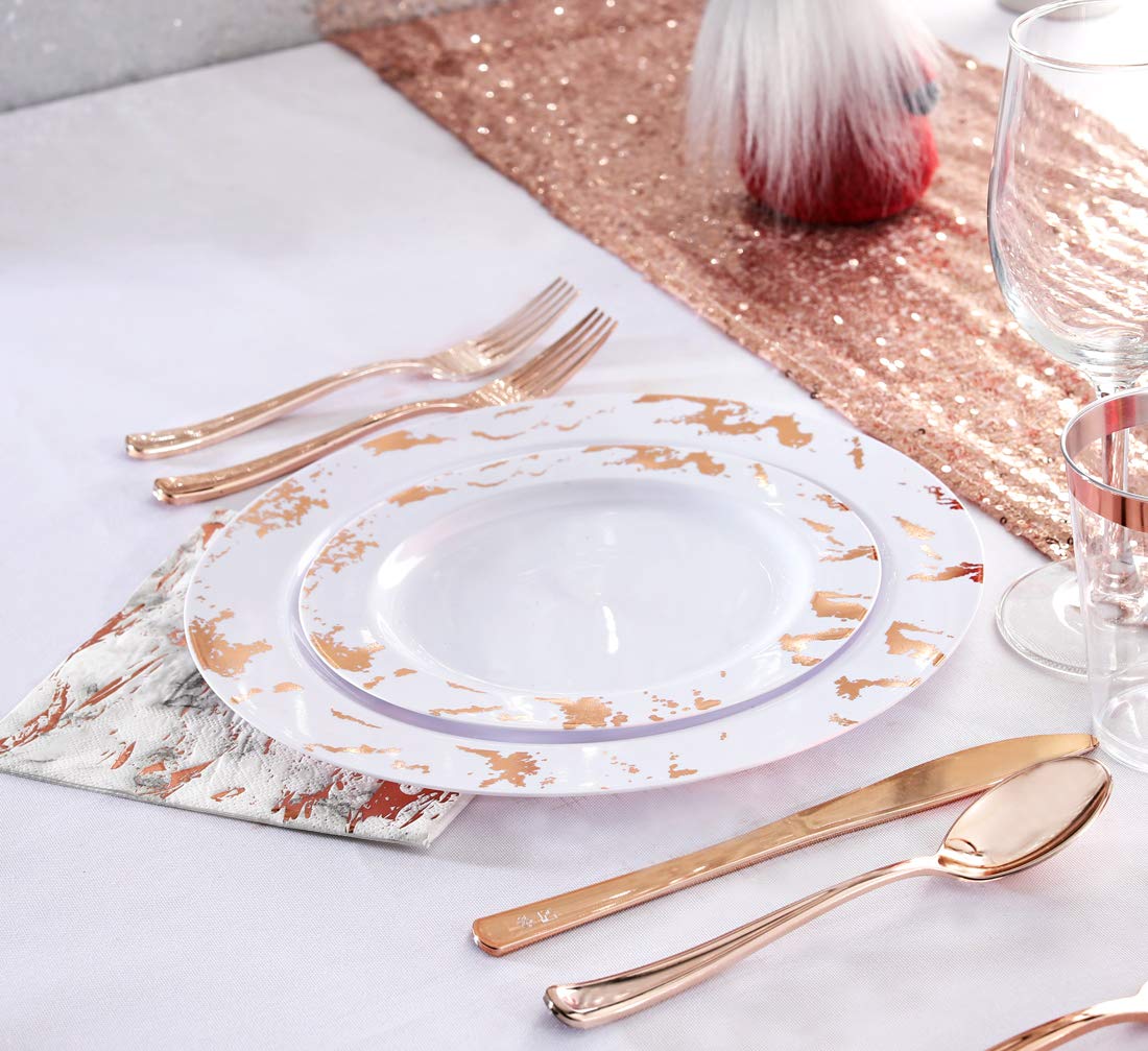 175-Piece Rose Gold Plastic Dinnerware Set - Disposable Marble Plates, Cutlery & Cups for Wedding, Party & Events (25 Dinner Plates, 25 Dessert Plates, 25 Forks, 25 Knives, 25 Spoons, 25 Cups, 25 Napkins) - Elegant Table Setting for Bridal Showers, Baby Showers & Special Occasions