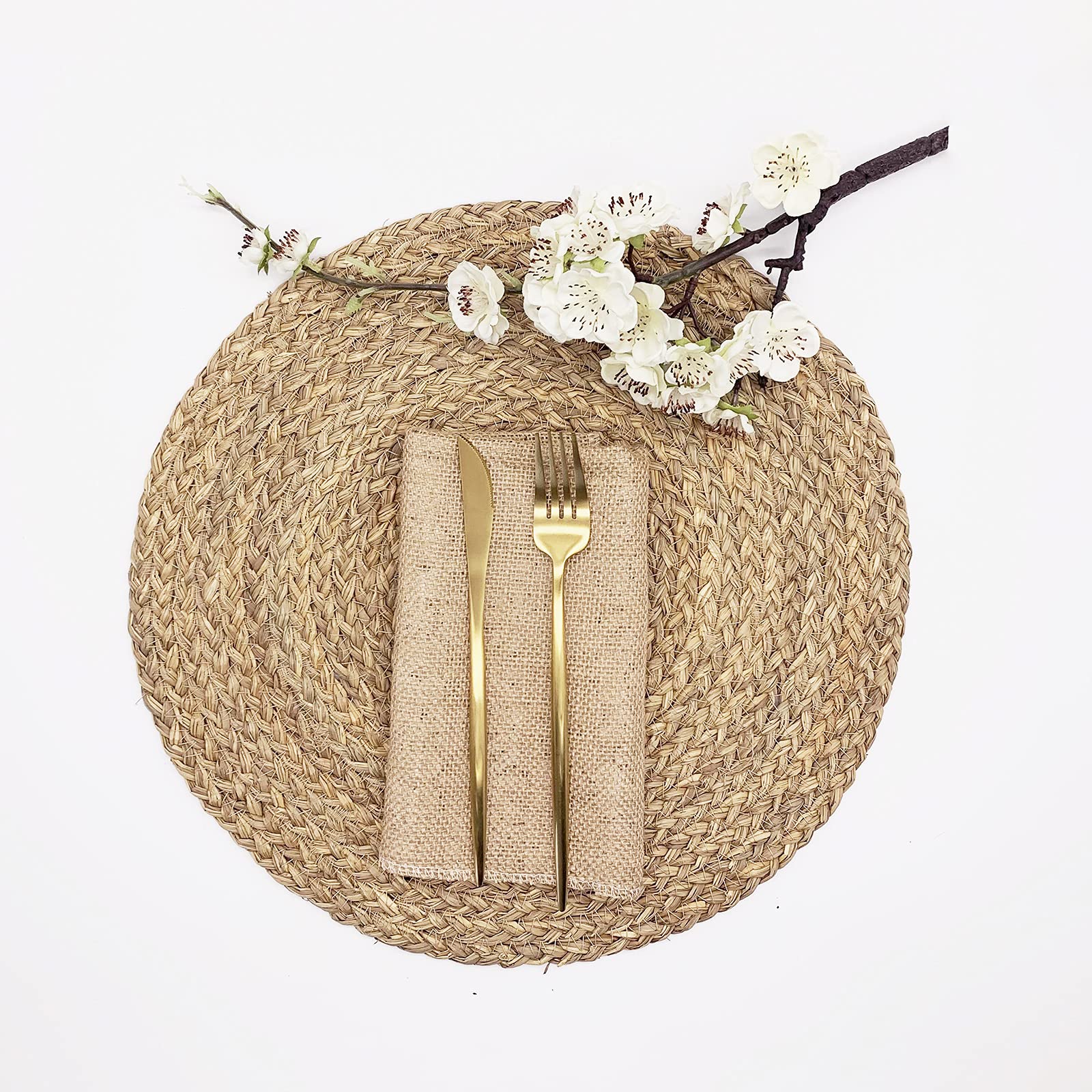Natural Straw Woven Placemats Set of 6 - 14.17 Inch Round Farmhouse Table Mats for Dining, Indoor & Outdoor Use - Hand Braided Rattan Wicker Place Mats for Rustic Decor, Kitchen, Patio, and Picnic