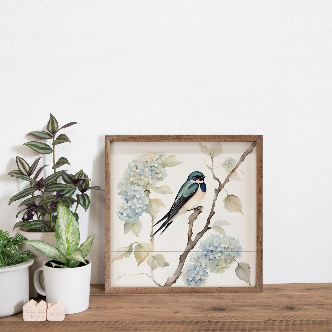 Barn Swallow on Hydrangea Bush - Wood Framed Wall Art Print - Nature Home Decor for Living Room, Bedroom & Office