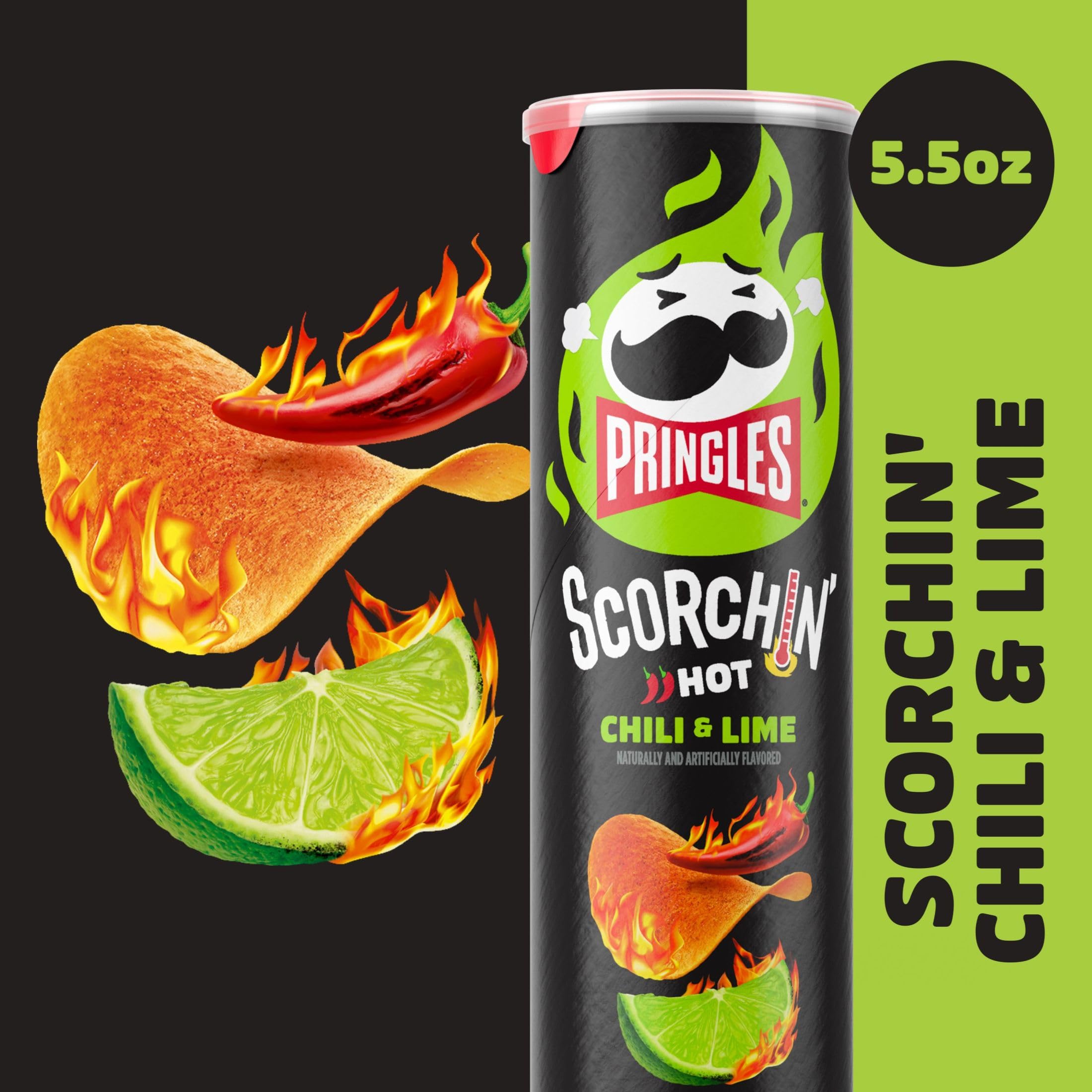 Pringles Scorchin' Chili & Lime Flavored Potato Crisps Chips - 5.5 Oz (2 Pack) with Free By The Cup Mints - Spicy Snacks for Parties, Road Trips & Movie Nights