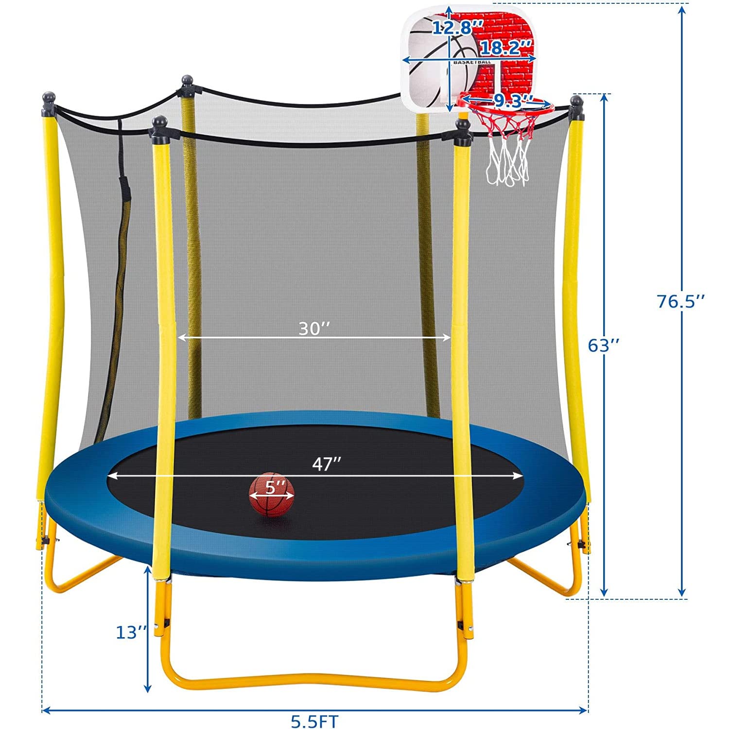 **Merax 66'' Kids Trampoline with Basketball Hoop, Rubber Ball & Safety Enclosure Net – 5.5FT Mini Trampoline for Toddlers (Ages 1-8) – Indoor & Outdoor Use – Perfect Birthday Gift for Active Play & Backyard Fun**