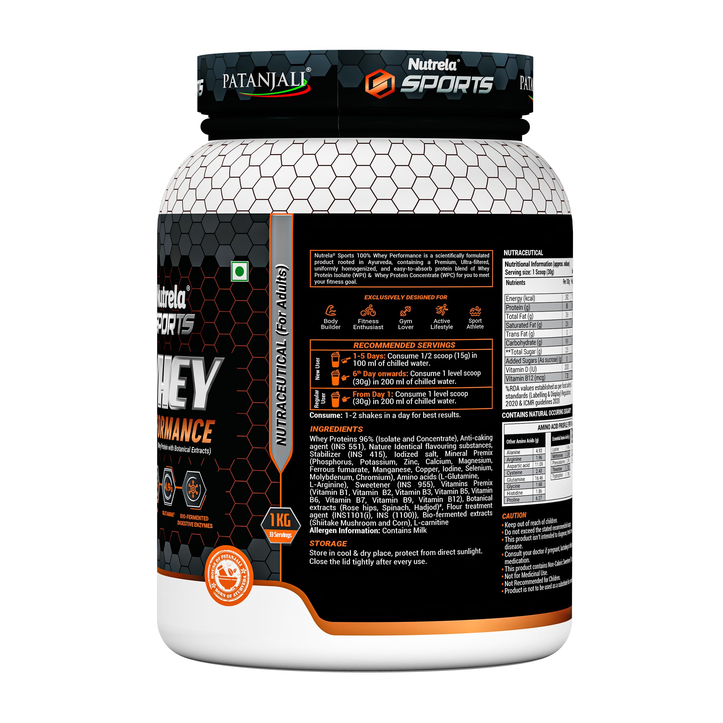 Patanjali NUTRELA Sports Whey Protein Powder Concentrate & Isolate - 1kg Vanilla Ice Cream Flavor | 24g Protein, 6.7g BCAA, 4.9g Glutamine with Digestive Enzymes | Post-Workout Recovery & Muscle Building Supplement for Athletes & Fitness Enthusiasts