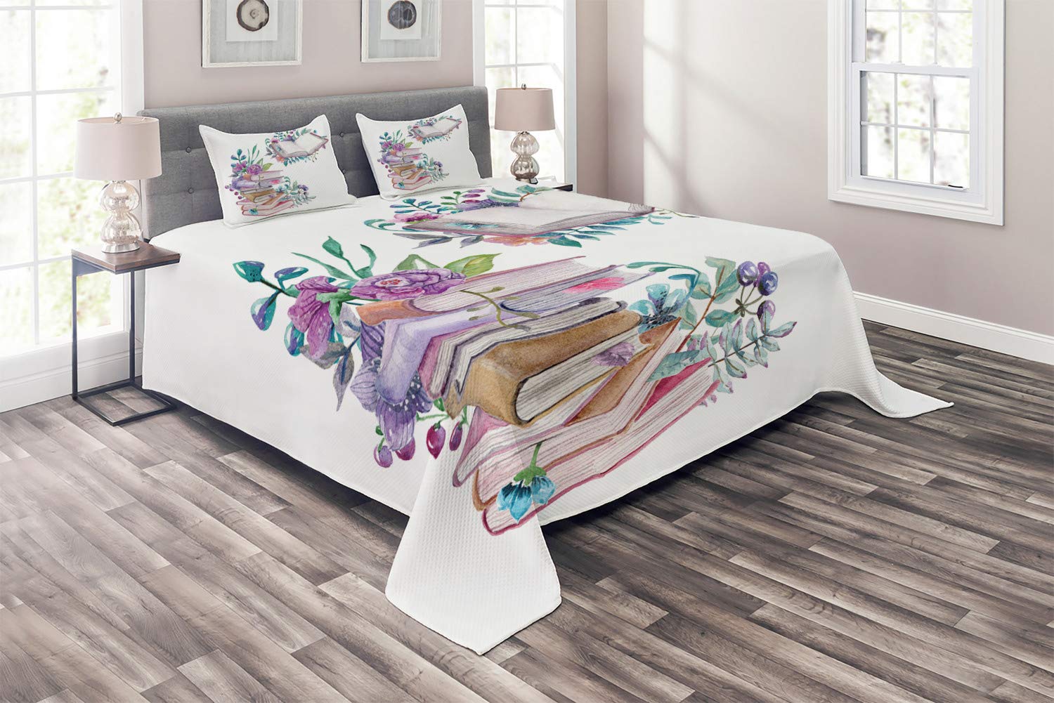 Ambesonne 3-Piece Quilted Bedspread Set - King Size Watercolor Bookworm & Floral Print Decorative Coverlet with 2 Pillow Shams, White & Multicolor | Perfect for Book Lovers' Bedroom, Reading Nook Decor & Romantic Home Aesthetic