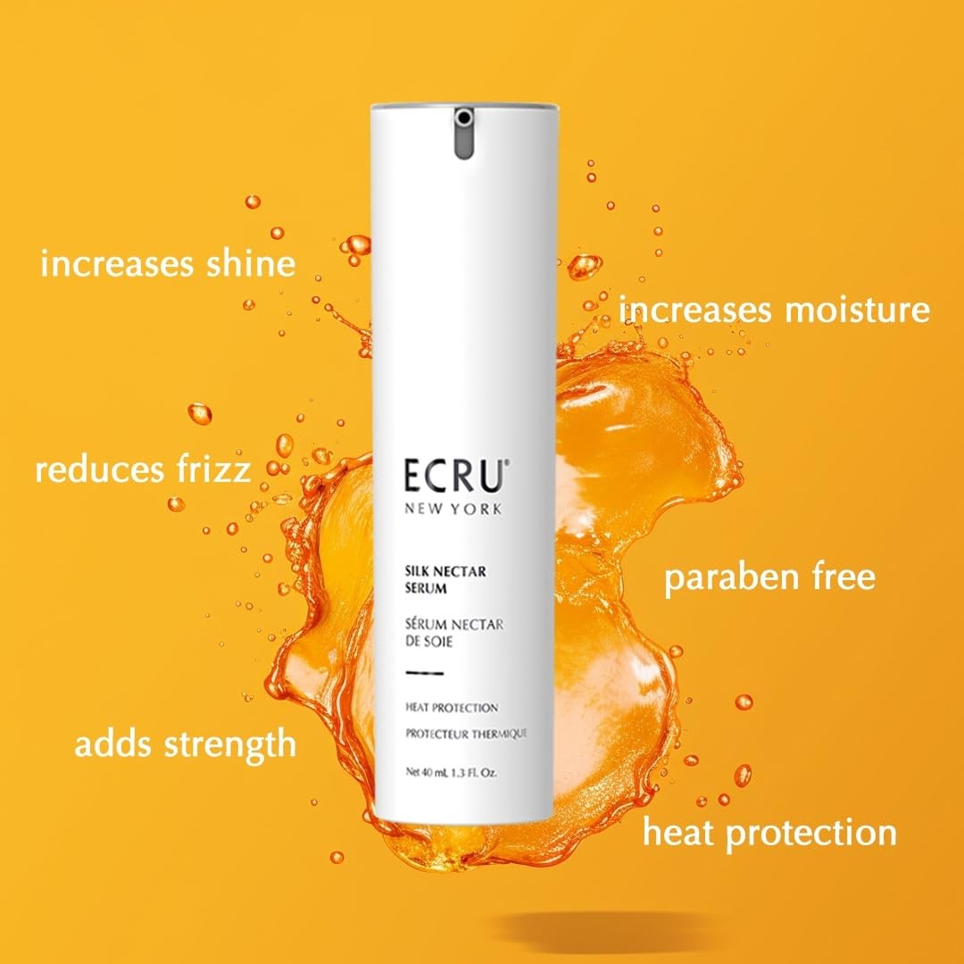 ECRU New York Silk Nectar Shine Serum - Lightweight Hair Treatment for Smoothing, Frizz Control & Heat Protection | Vitamin E Enriched Formula for Volume & Split Ends Repair | Clear Shine Serum 1.3 Fl Oz | Perfect for Daily Styling, Blowouts & Heat Tool Protection