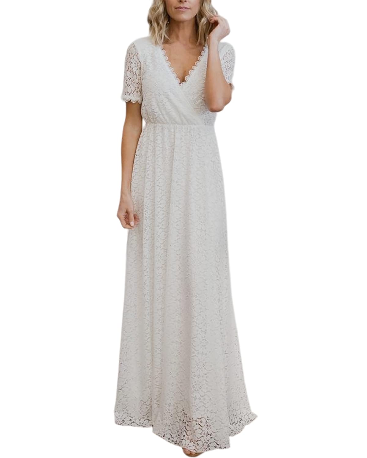 Mermaid's Closet Women's Boho Lace Off-Shoulder Maxi Dress - White Casual Wedding Bridesmaid Evening Party Gown for Beach Vacation & Summer Events