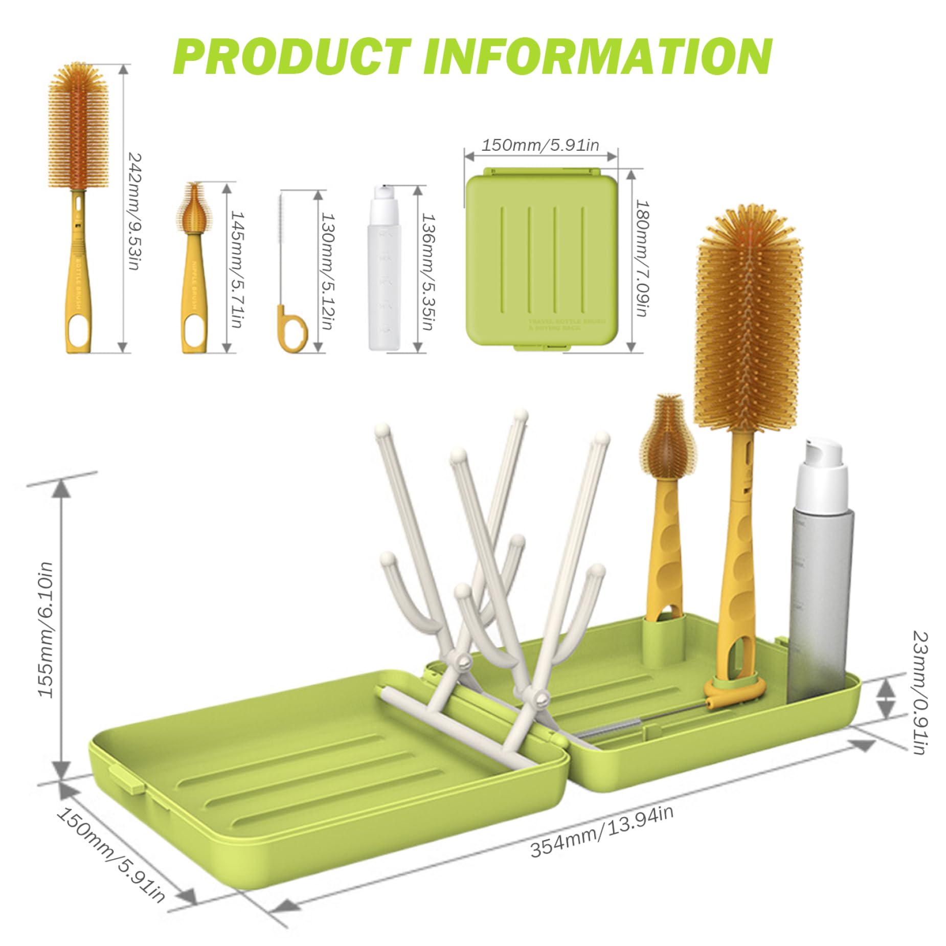 6-in-1 Portable Travel Bottle Cleaning Kit with Straw Brush, Bottle Brush, Nipple Brush, Drying Rack & Storage Box | Compact Foldable Design for Baby Bottles, Water Bottles & Travel Accessories | Perfect for Home, Office, Camping & On-the-Go Cleaning