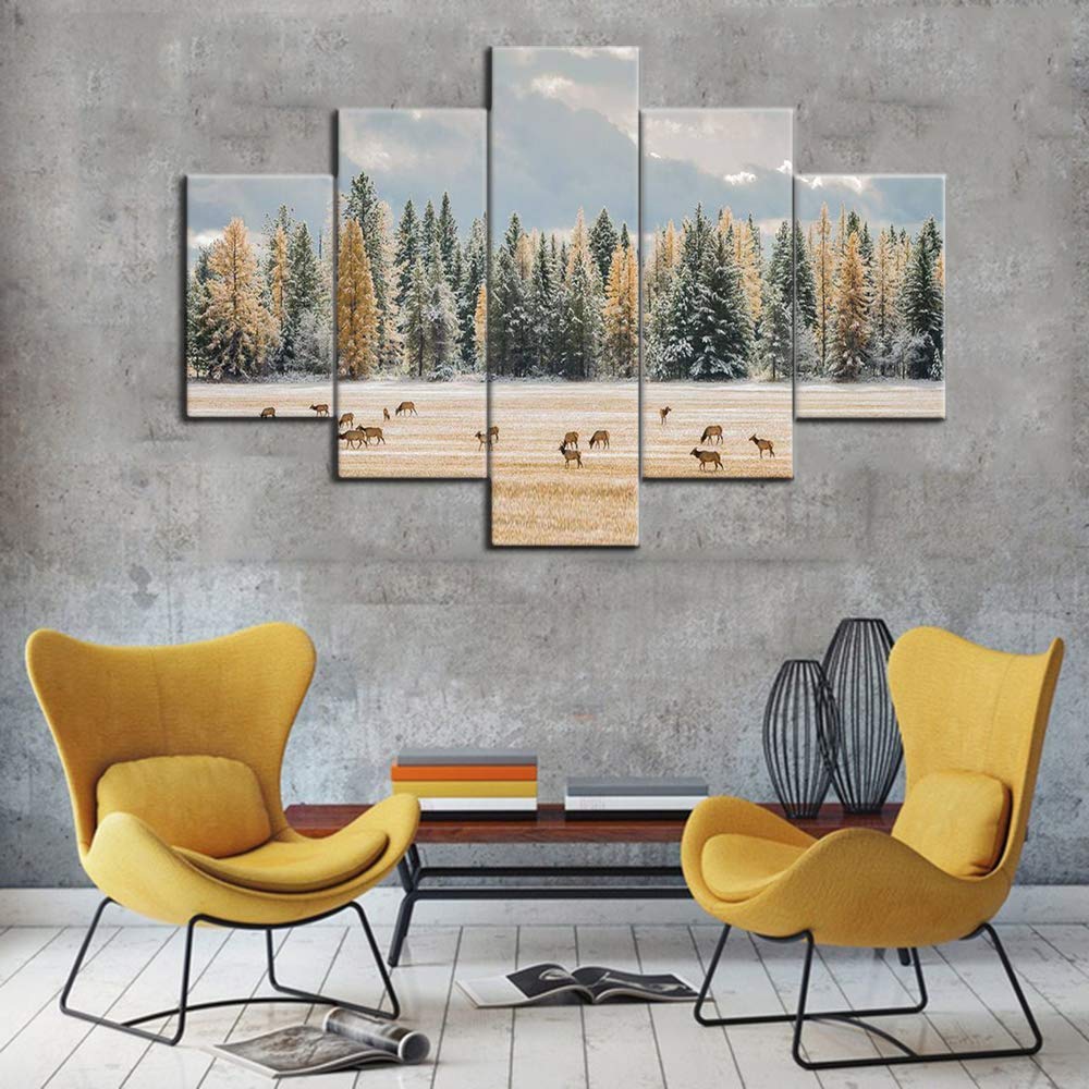 Rustic Elk Grazing in Snowy Field 5-Panel Canvas Wall Art - 60x40 Inch Framed Giclee Print, Stretched & Ready to Hang - Modern Home Decor for Living Room, Bedroom or Office