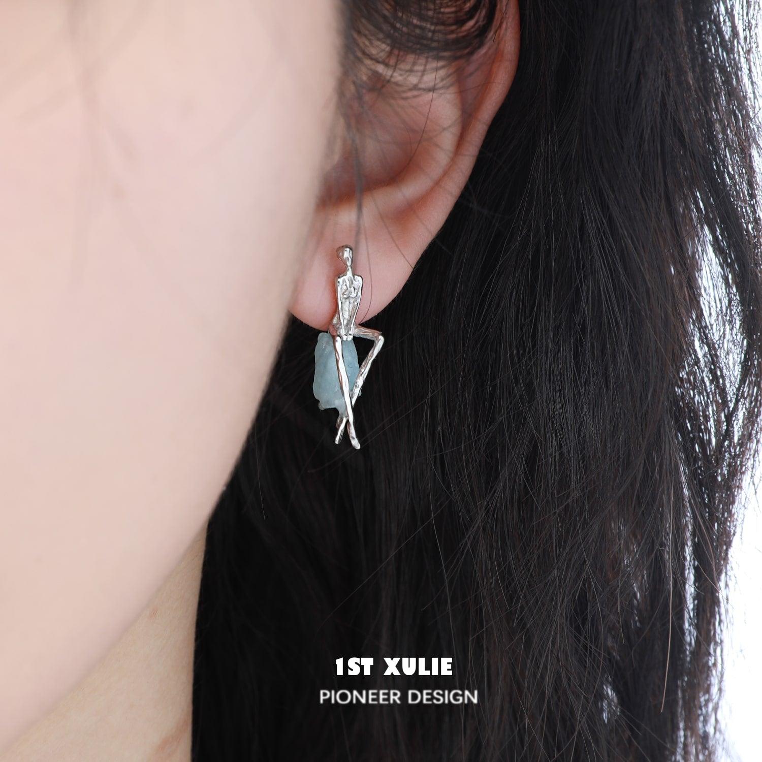 S925 Sterling Silver Aquamarine Stud Earrings for Women - Trendy Melting Face Design, Perfect for Daily Wear, Parties & Gifts