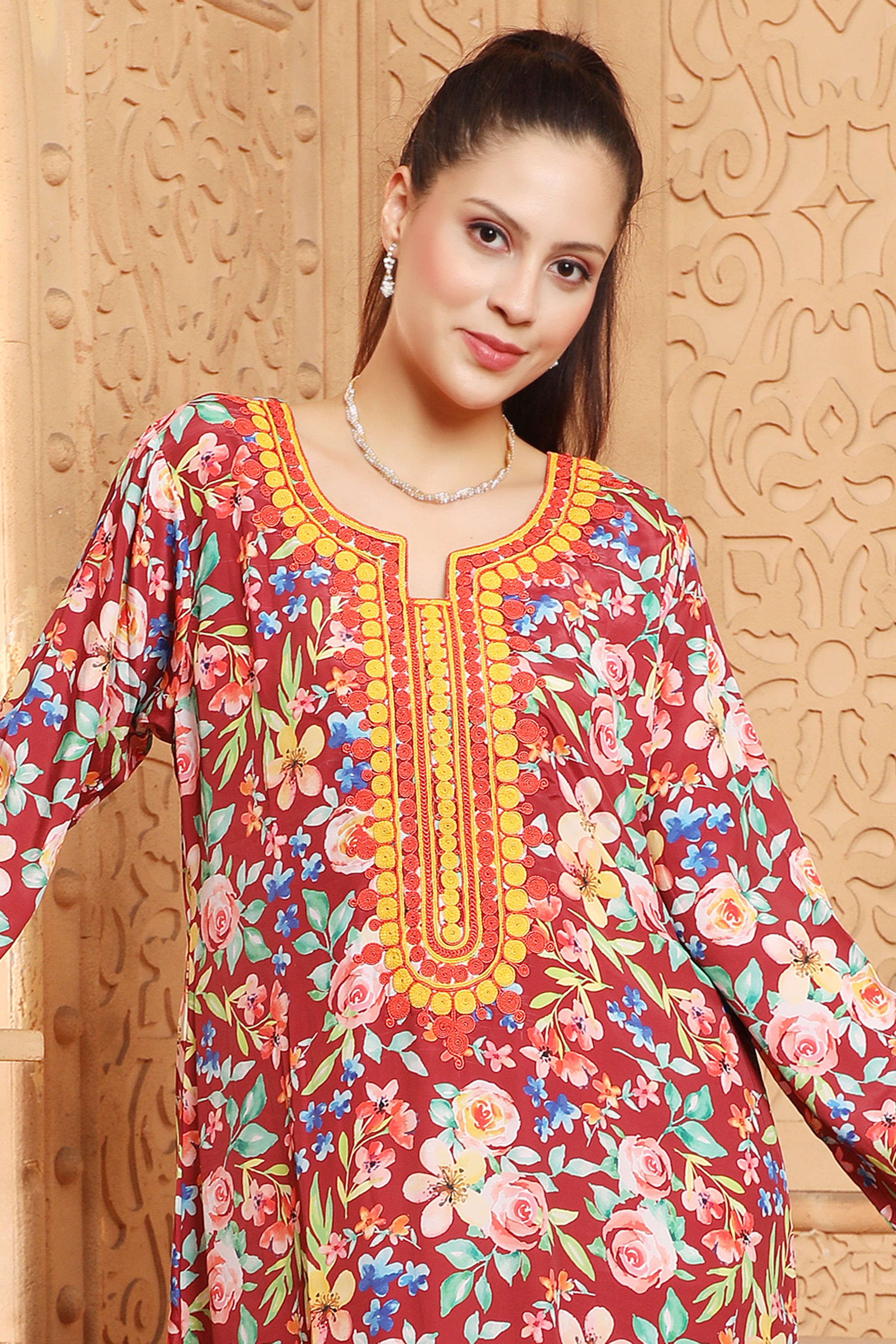 Elegant Ethnic Mukhawar Red Floral Print Kaftan Dress | Boho Chic Women's Maxi Dress for Beach, Party & Special Occasions